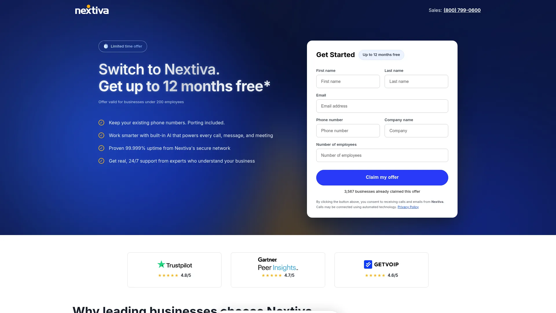 Nextiva Enterprise communications platform homepage
