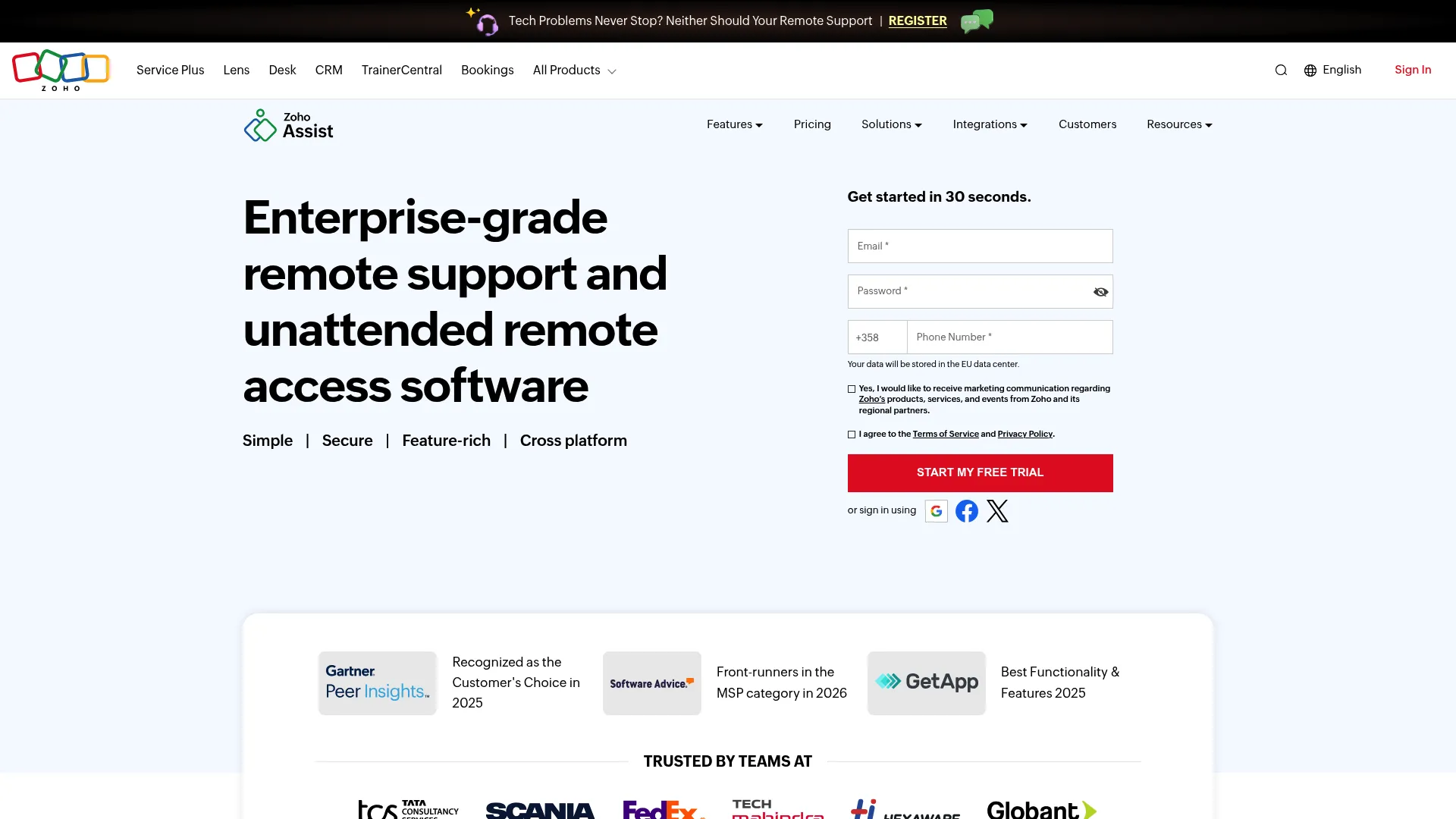 Zoho Assist remote support software homepage