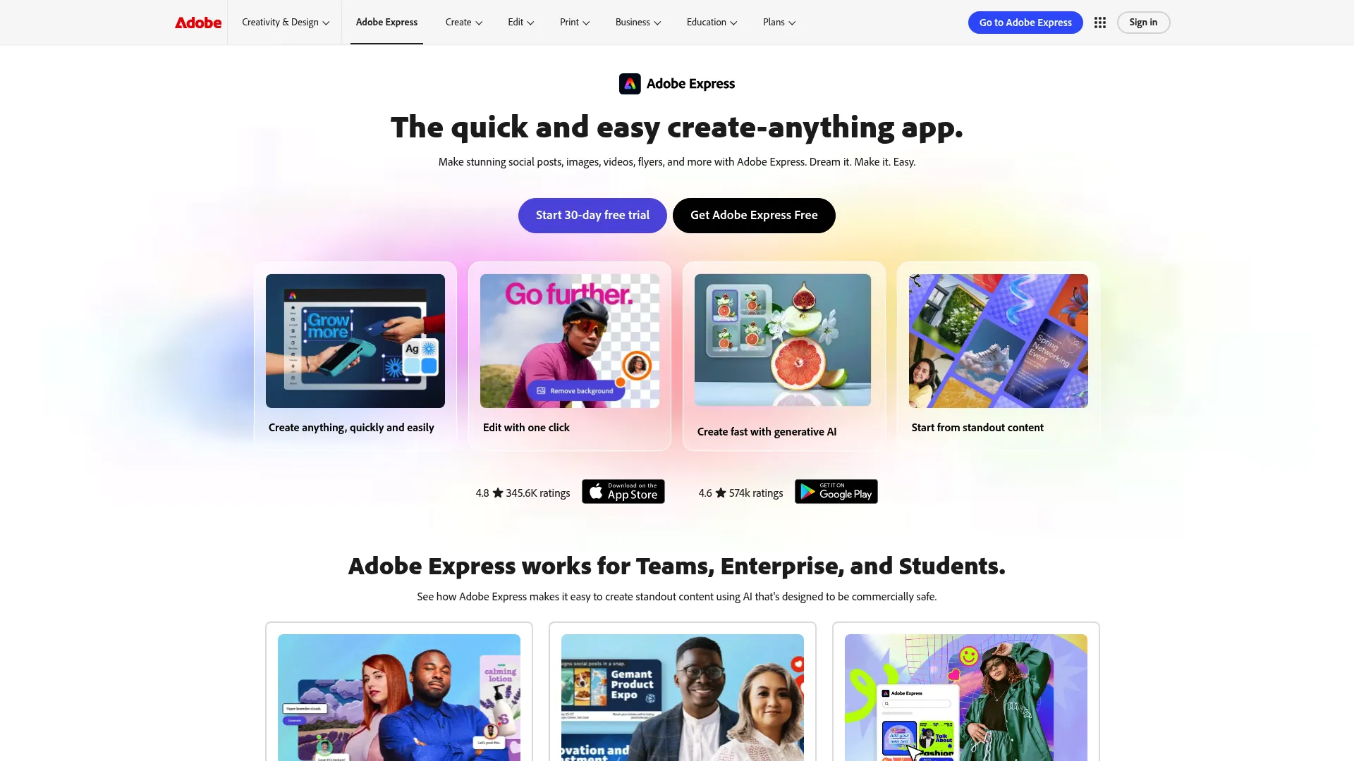Adobe Express design software homepage for menu creative