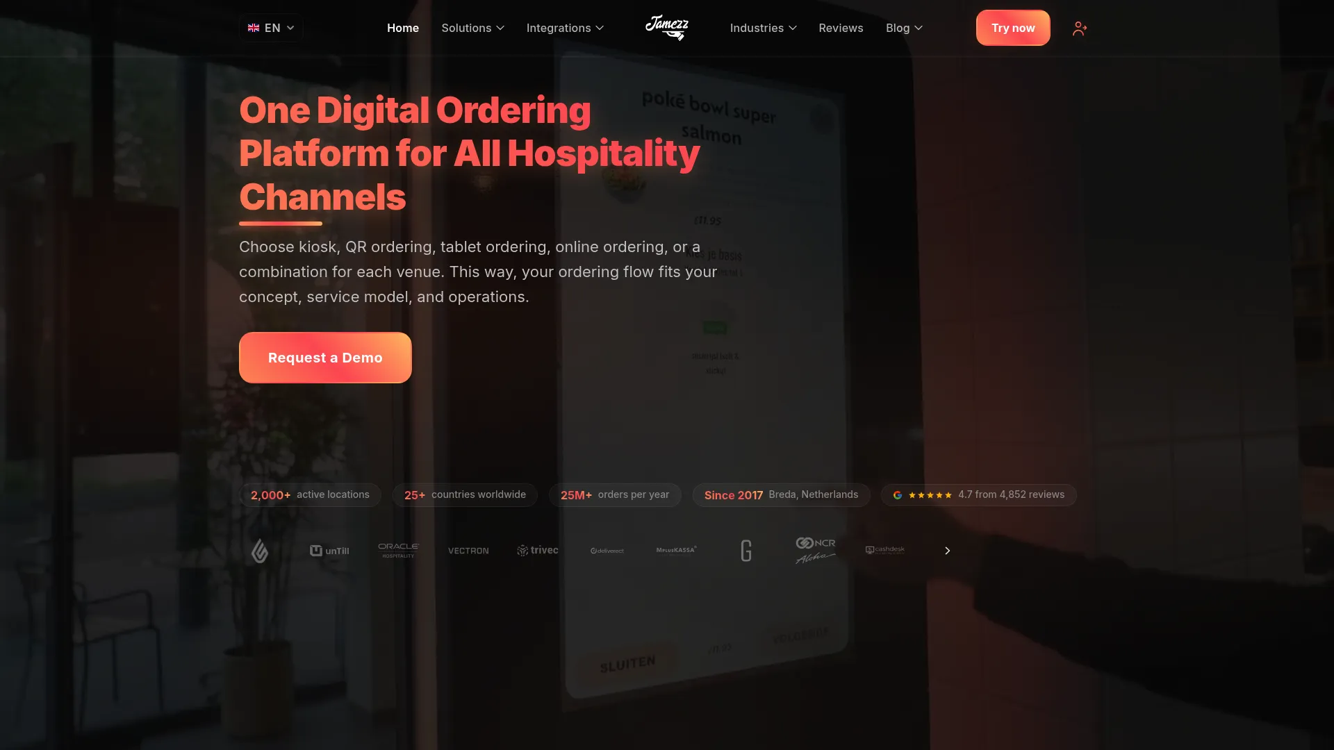 Jamezz hospitality digital ordering and kiosk software homepage