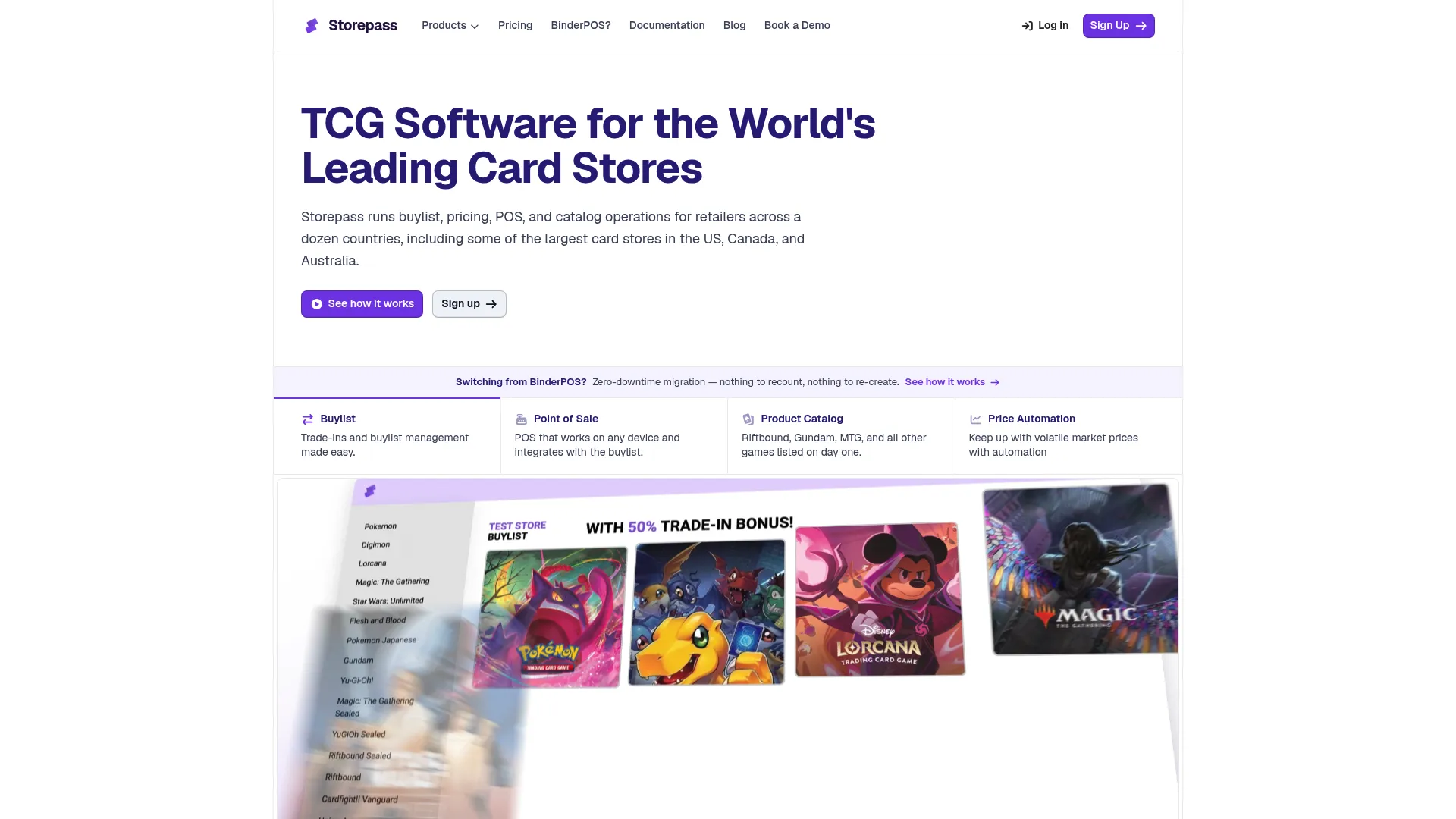 Storepass TCG and hobby store software homepage