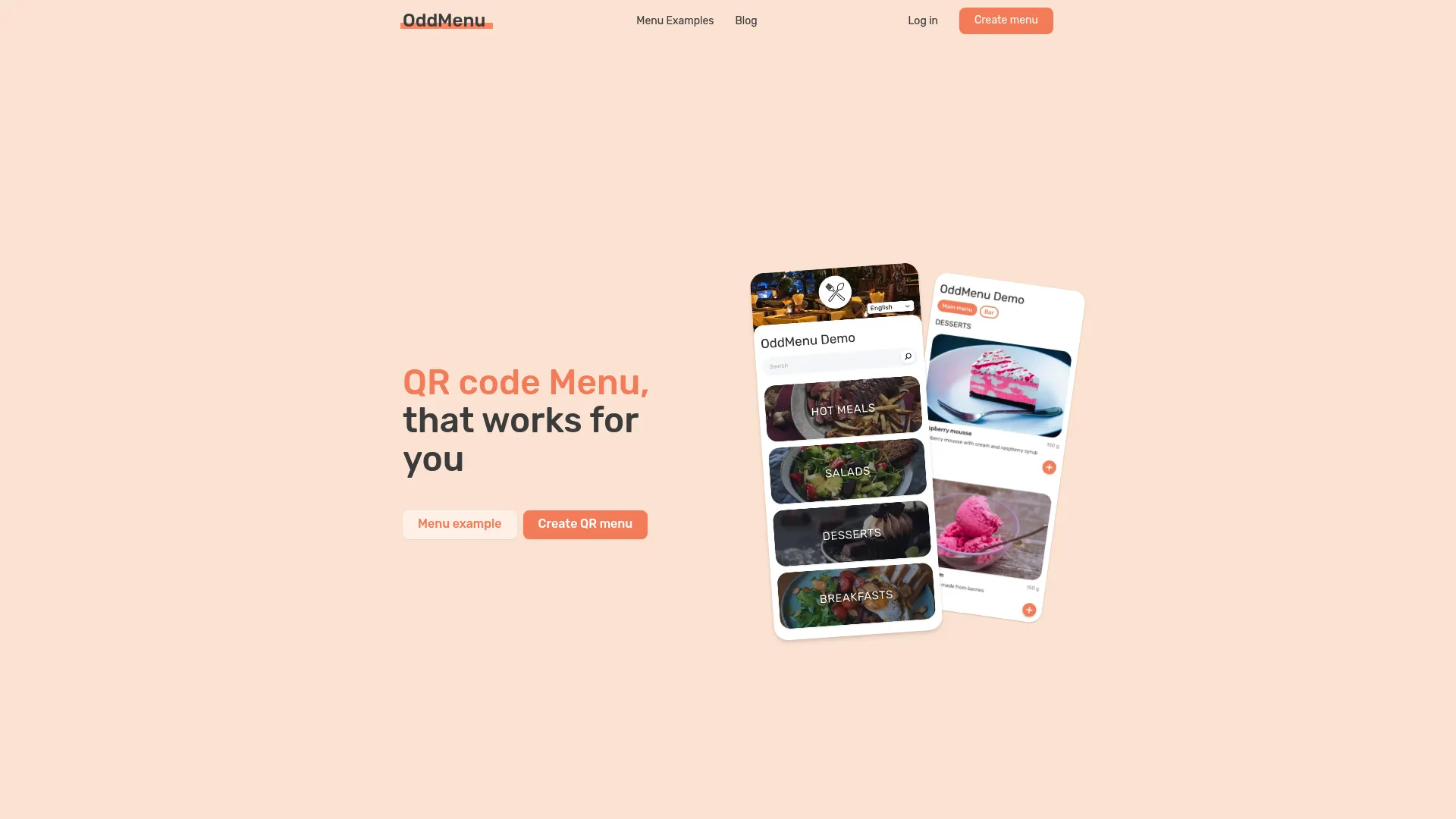 OddMenu QR code menu platform homepage