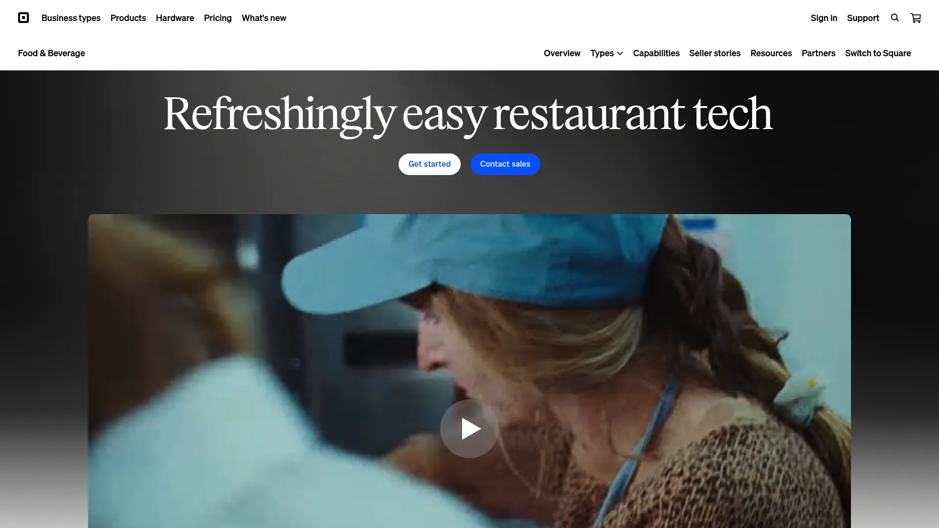 Square for Restaurants product page showing restaurant POS and ordering features