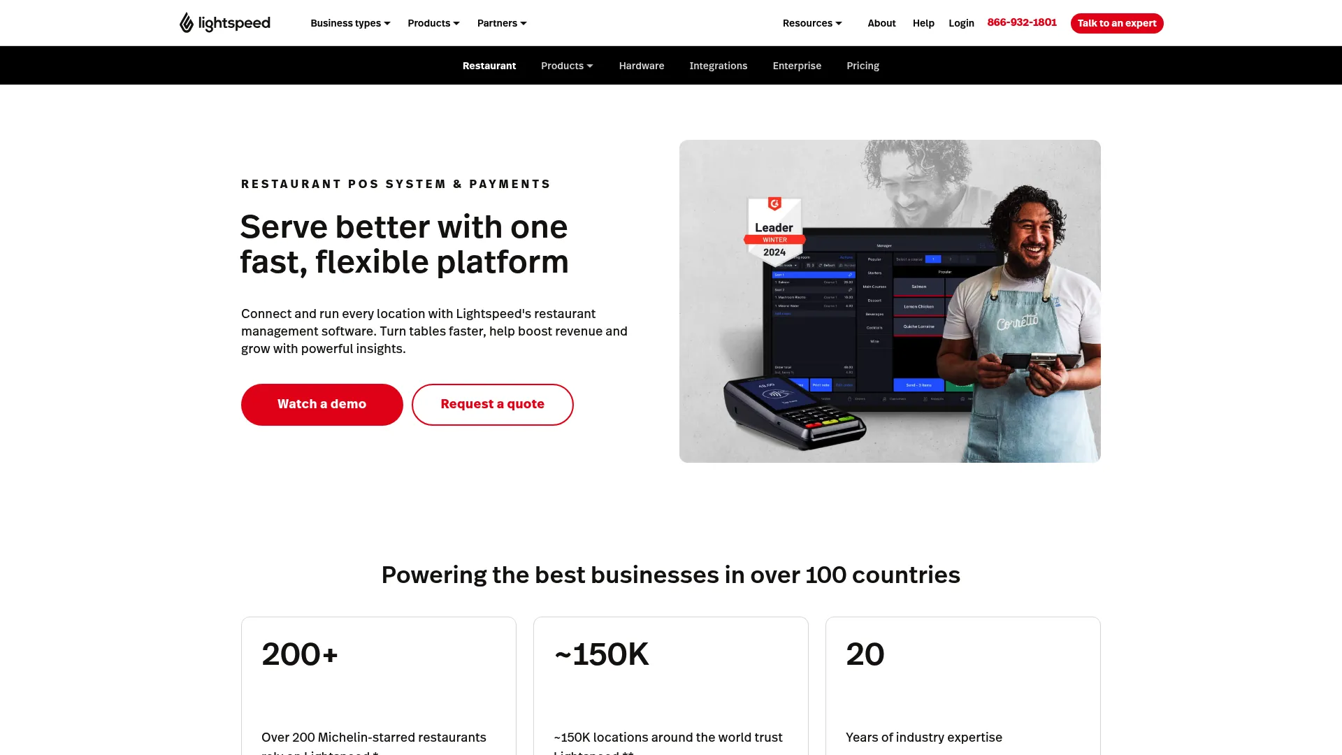 Lightspeed Restaurant POS product page showing floor plans and reporting