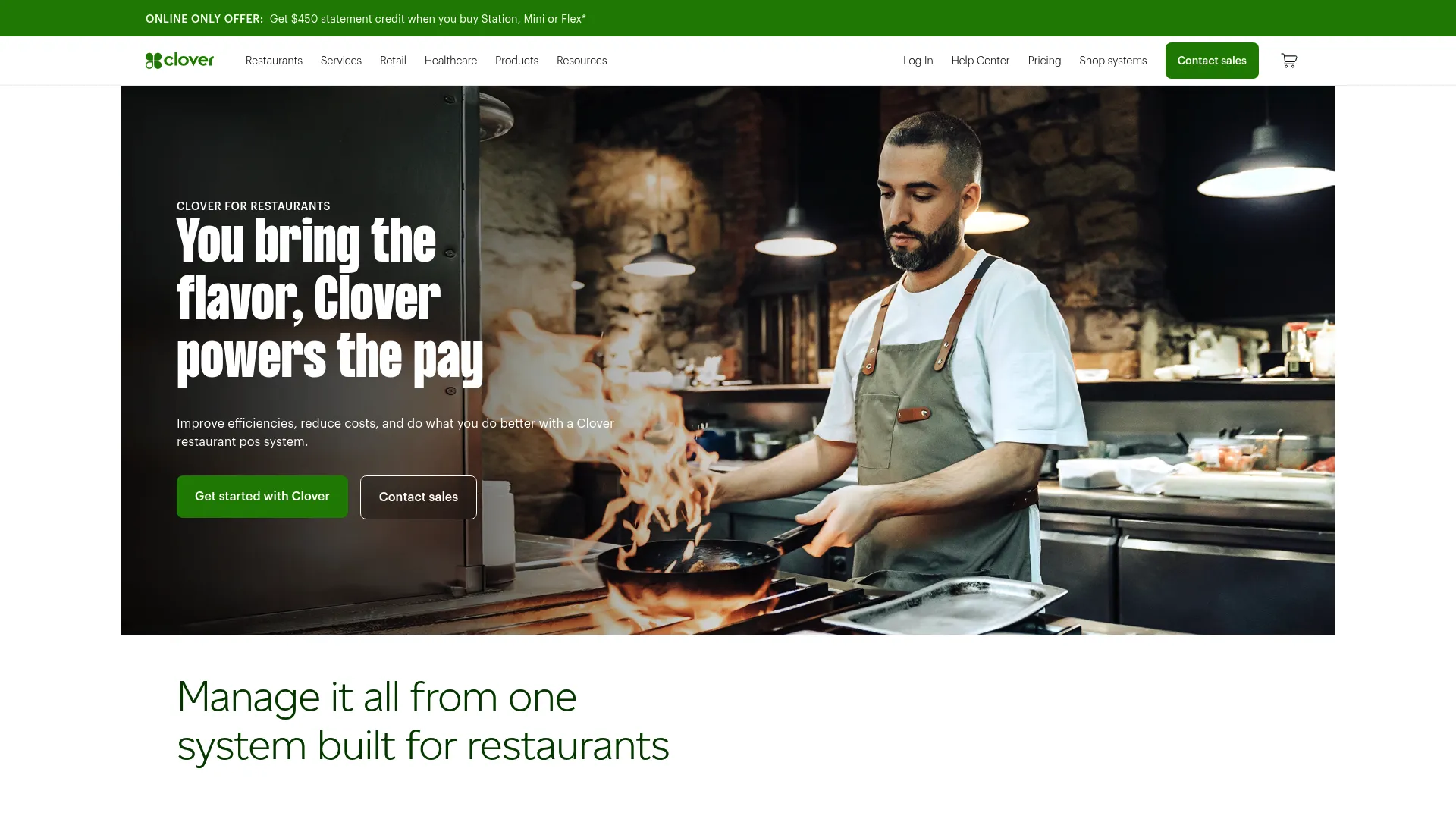Clover restaurant POS product page showing tableside and kitchen workflows