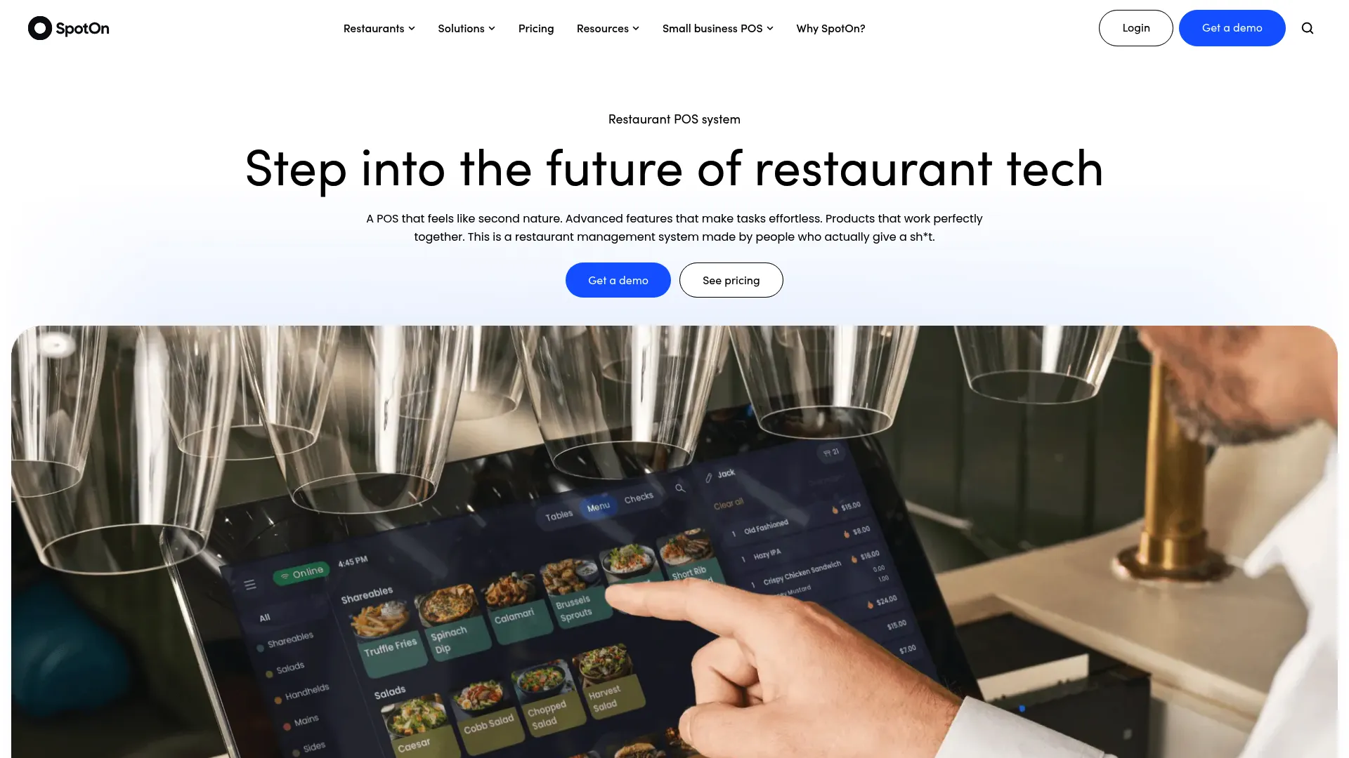 SpotOn restaurant POS product page showing hardware and ordering tools