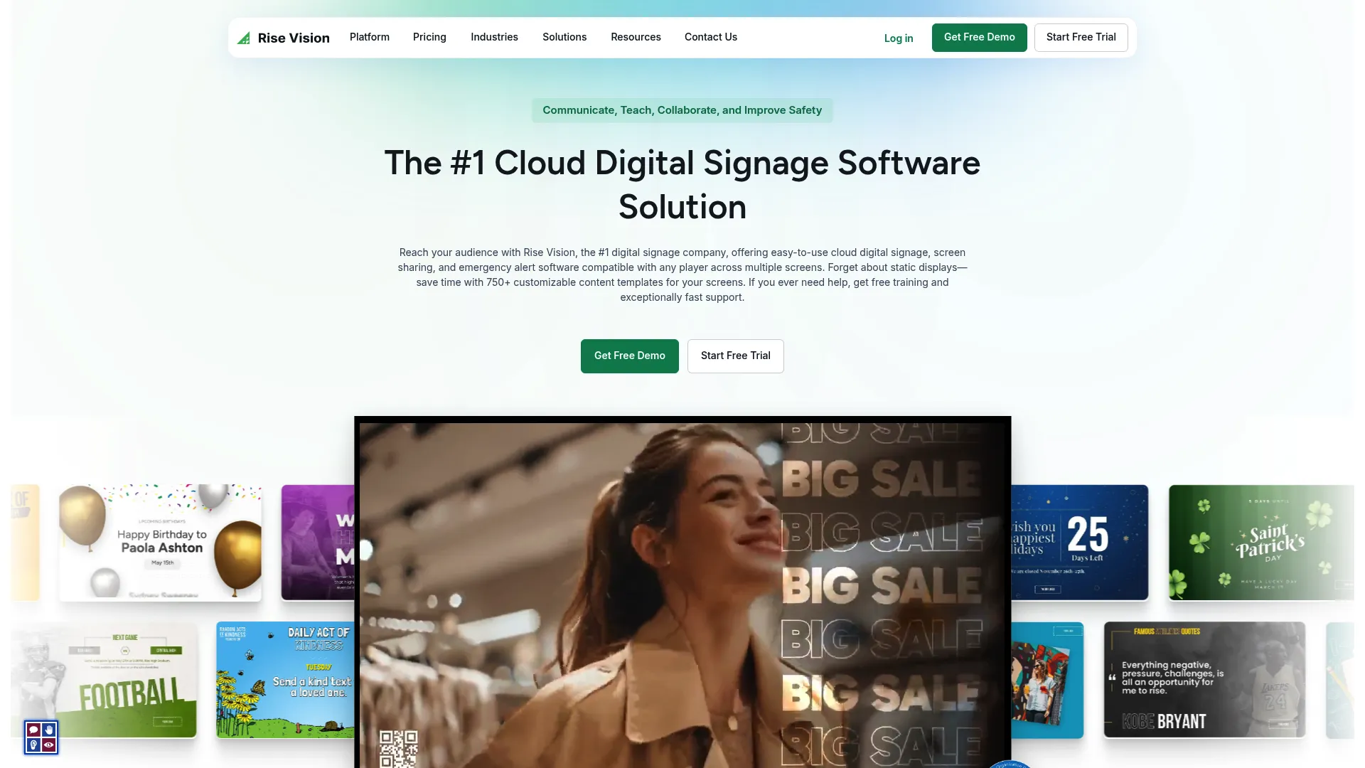 Rise Vision digital signage and screen sharing homepage