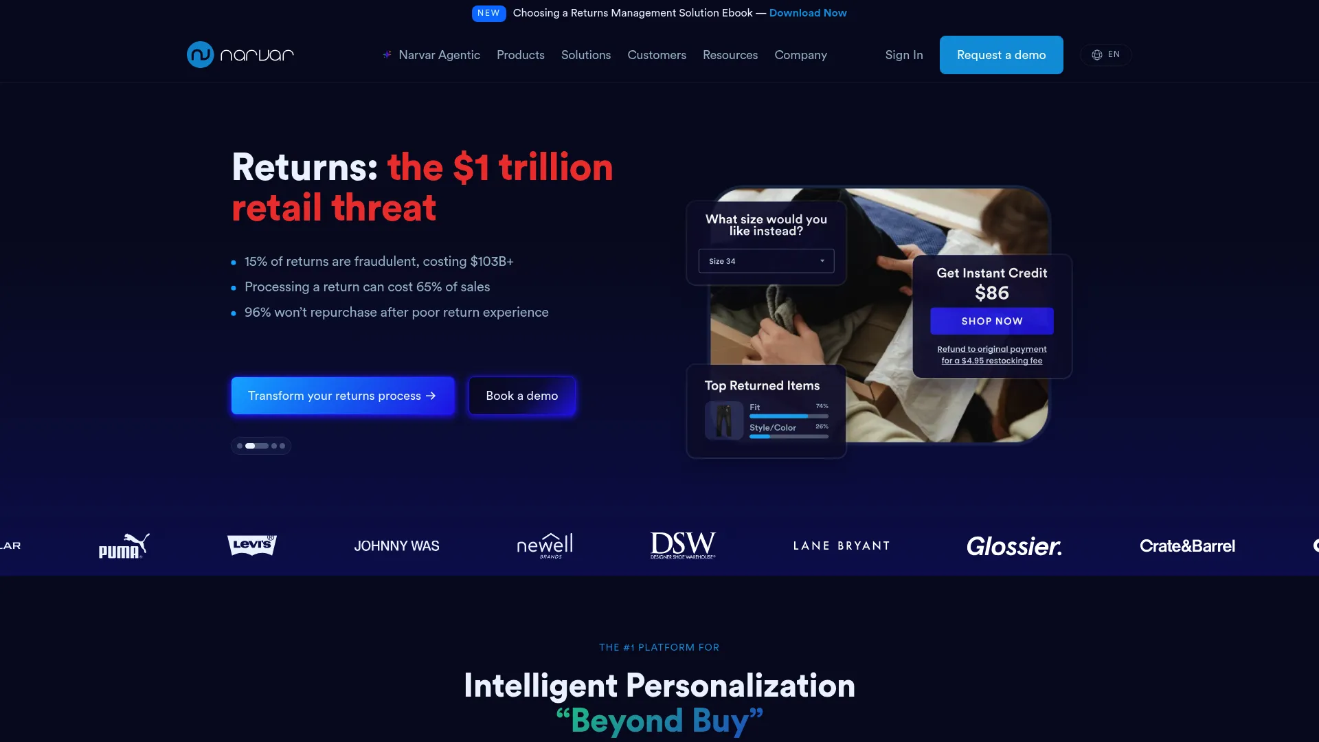 Narvar enterprise post-purchase platform homepage