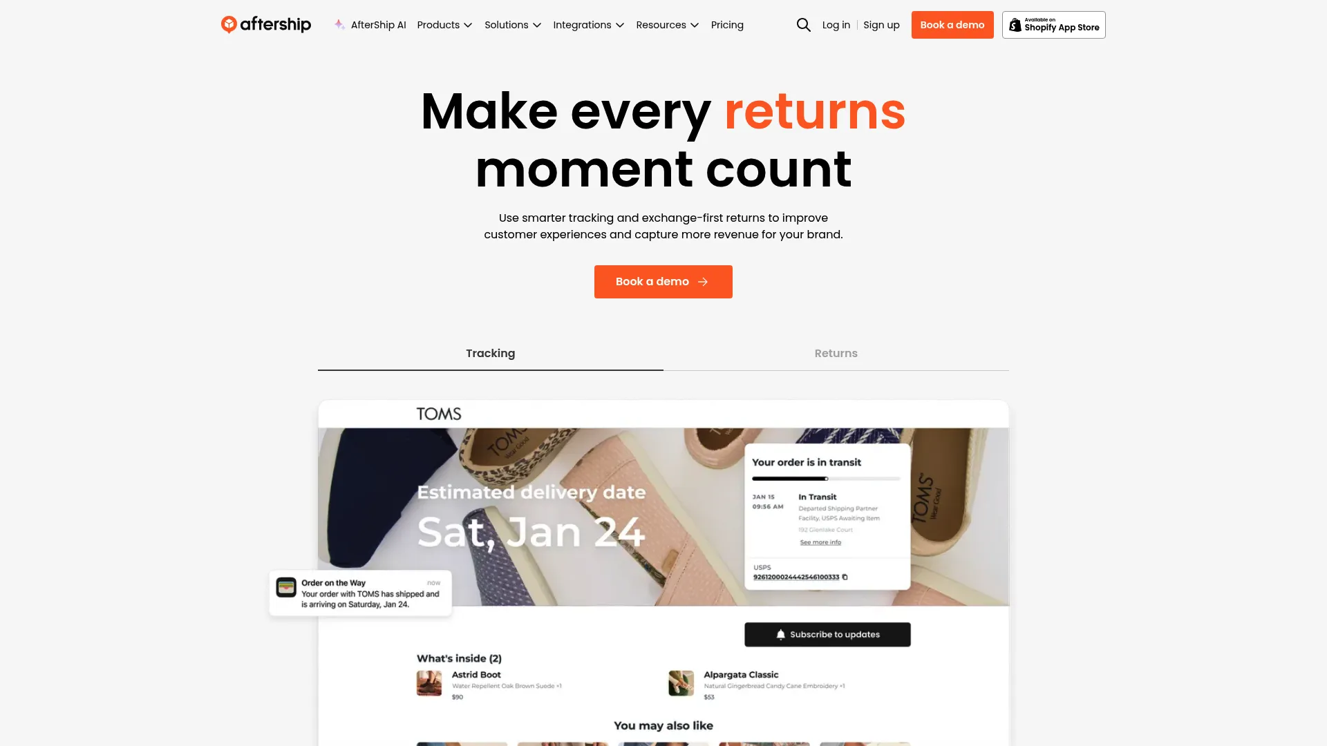 AfterShip post-purchase tracking and returns homepage