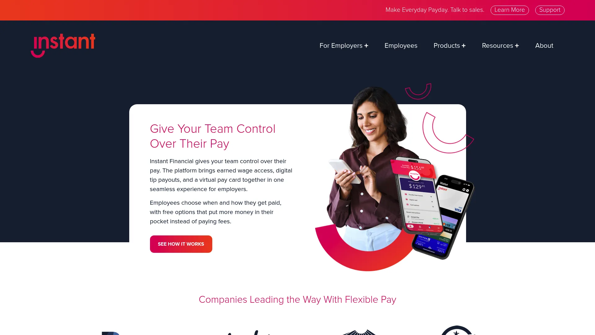 Instant Financial earned wage access platform homepage