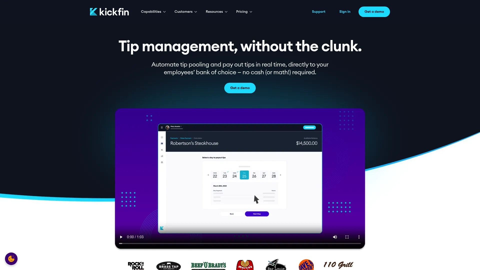 Kickfin instant tip payout software homepage