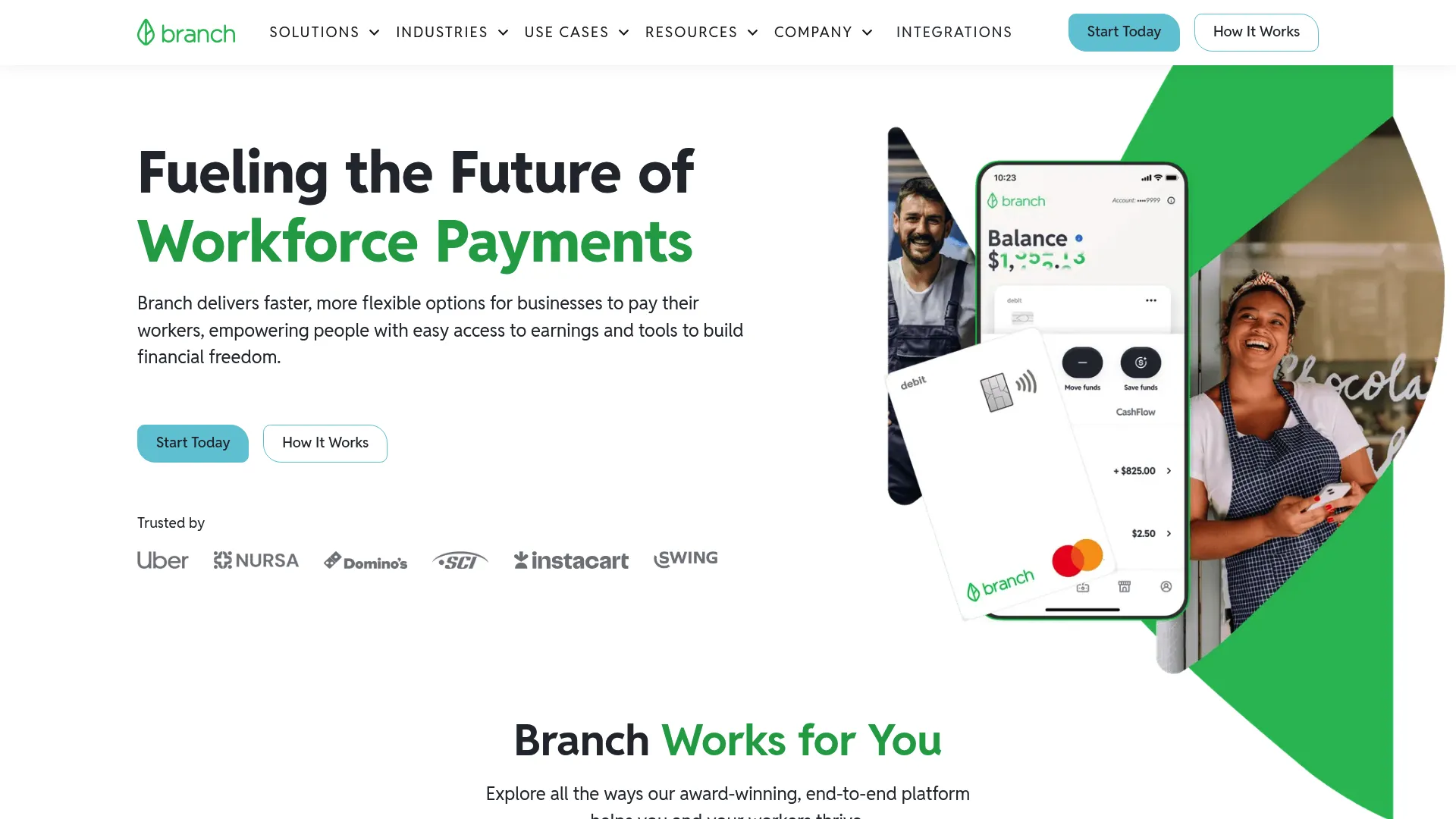 Branch workforce payouts platform homepage