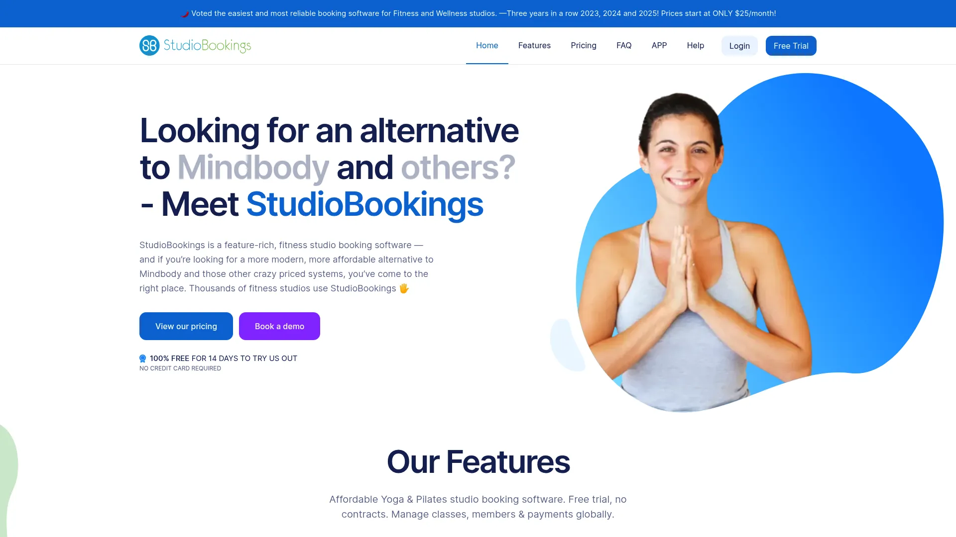 StudioBookings homepage showing studio management features