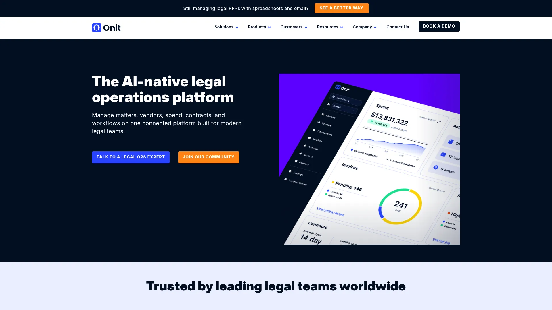 OnitX Enterprise Legal Management platform homepage