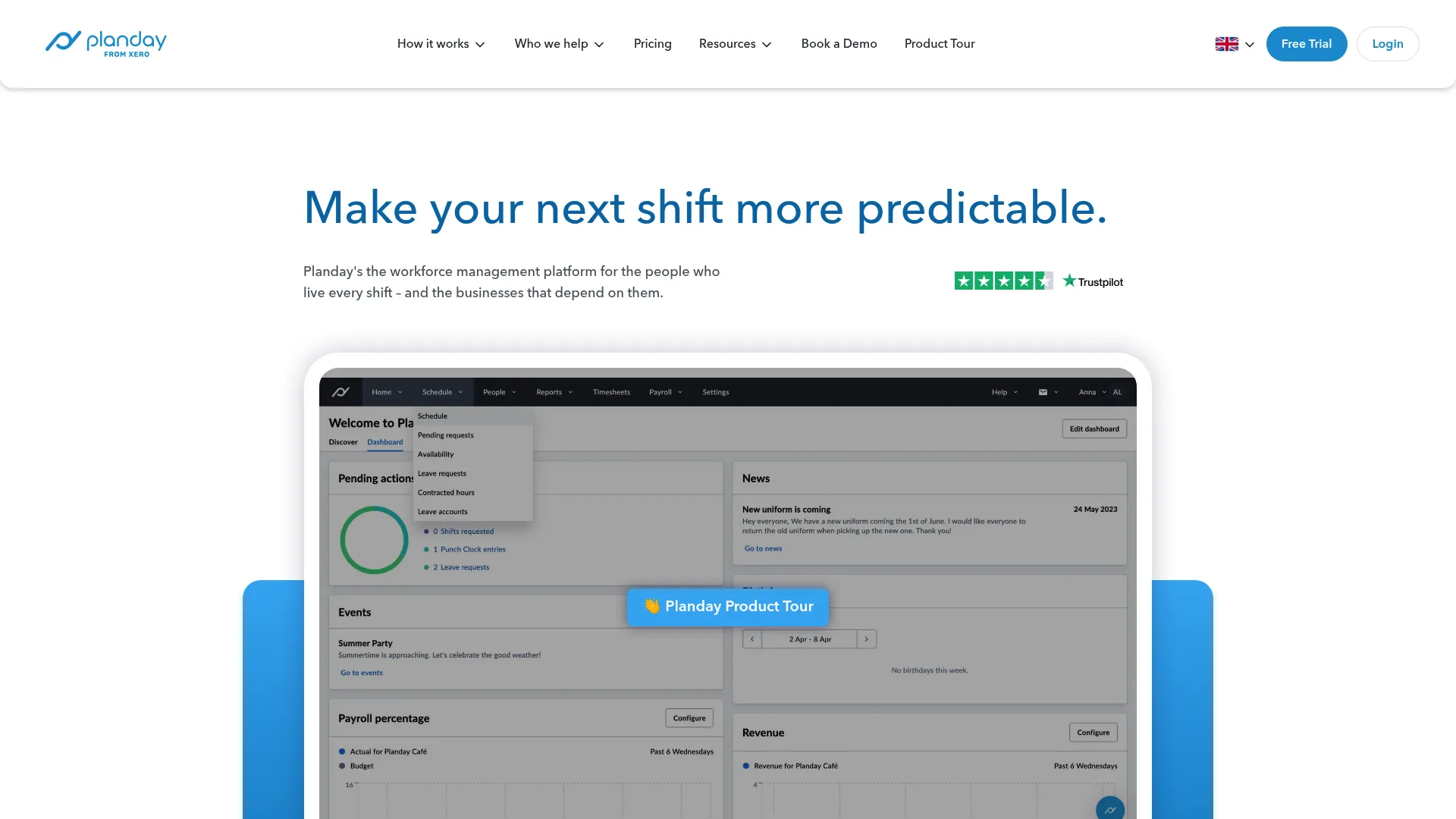 Planday shift scheduling software for hospitality and retail homepage