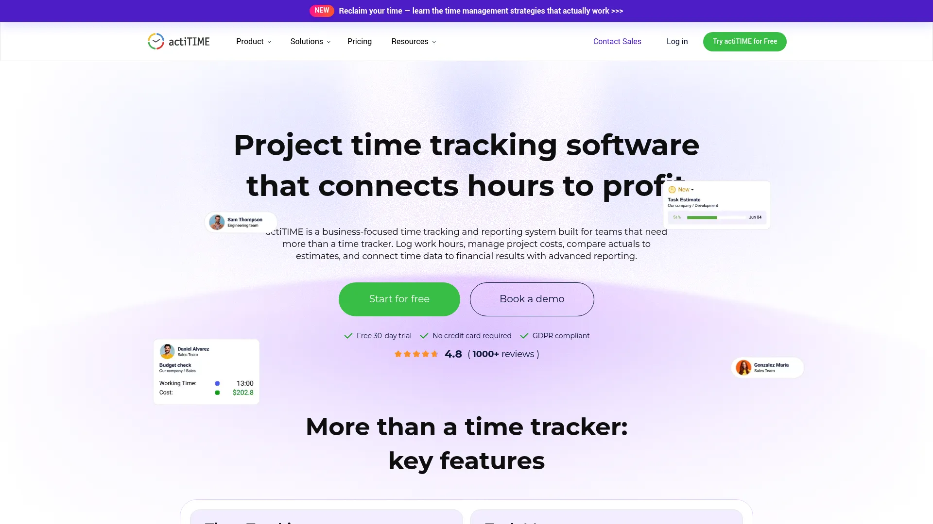 actiTIME time tracking and reporting dashboard
