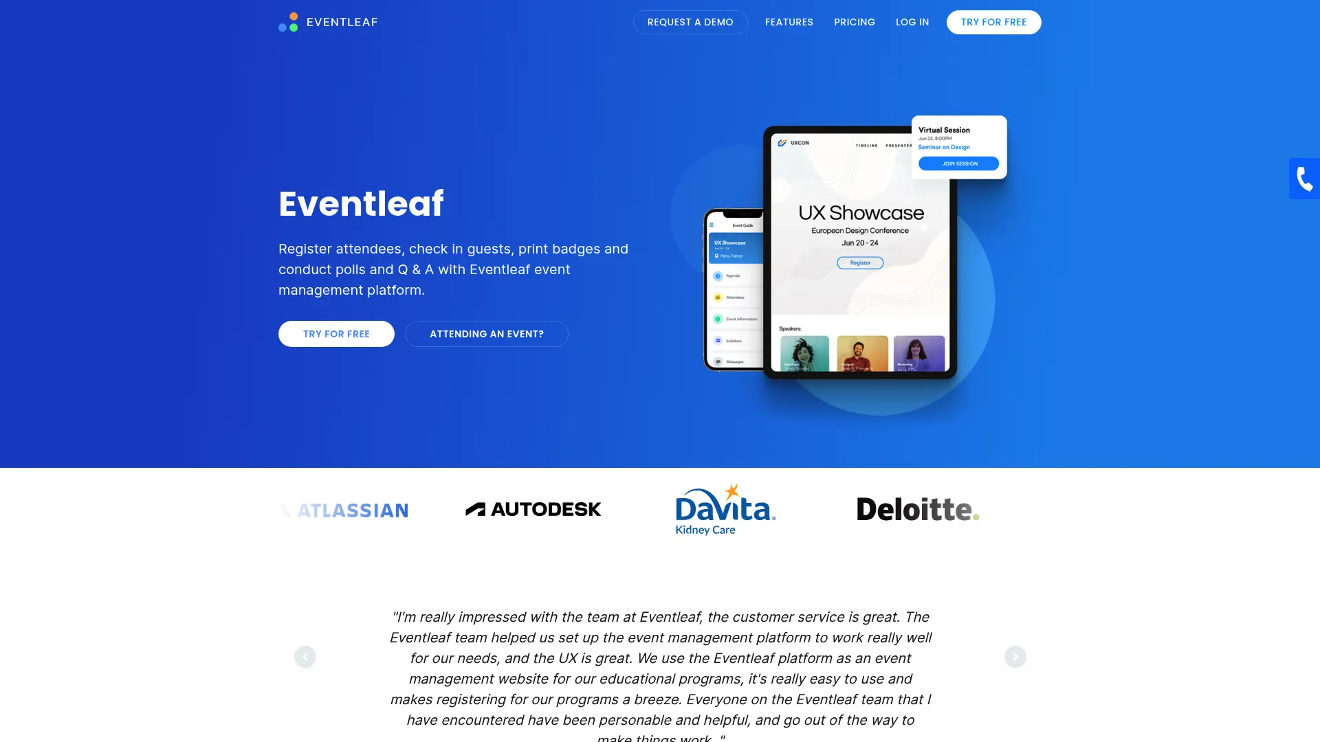Eventleaf event registration and onsite check-in platform homepage