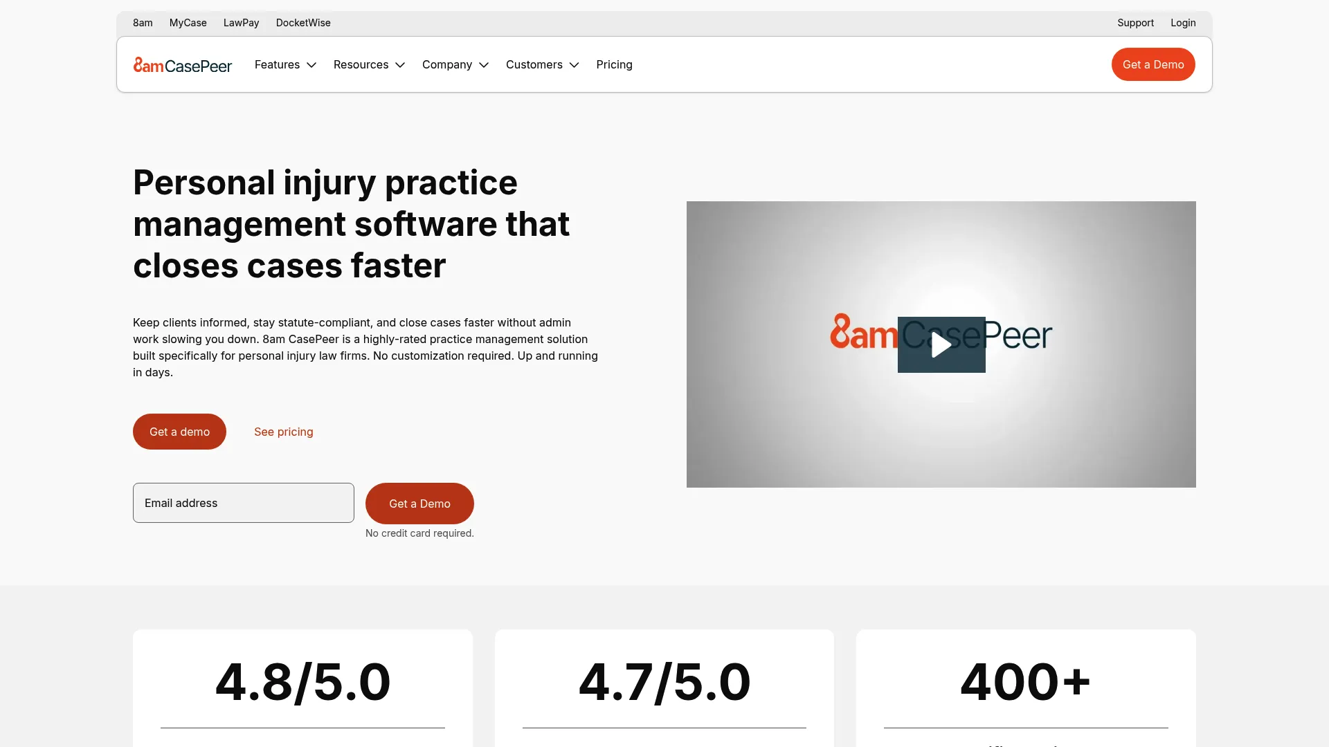 8am CasePeer legal practice management software homepage