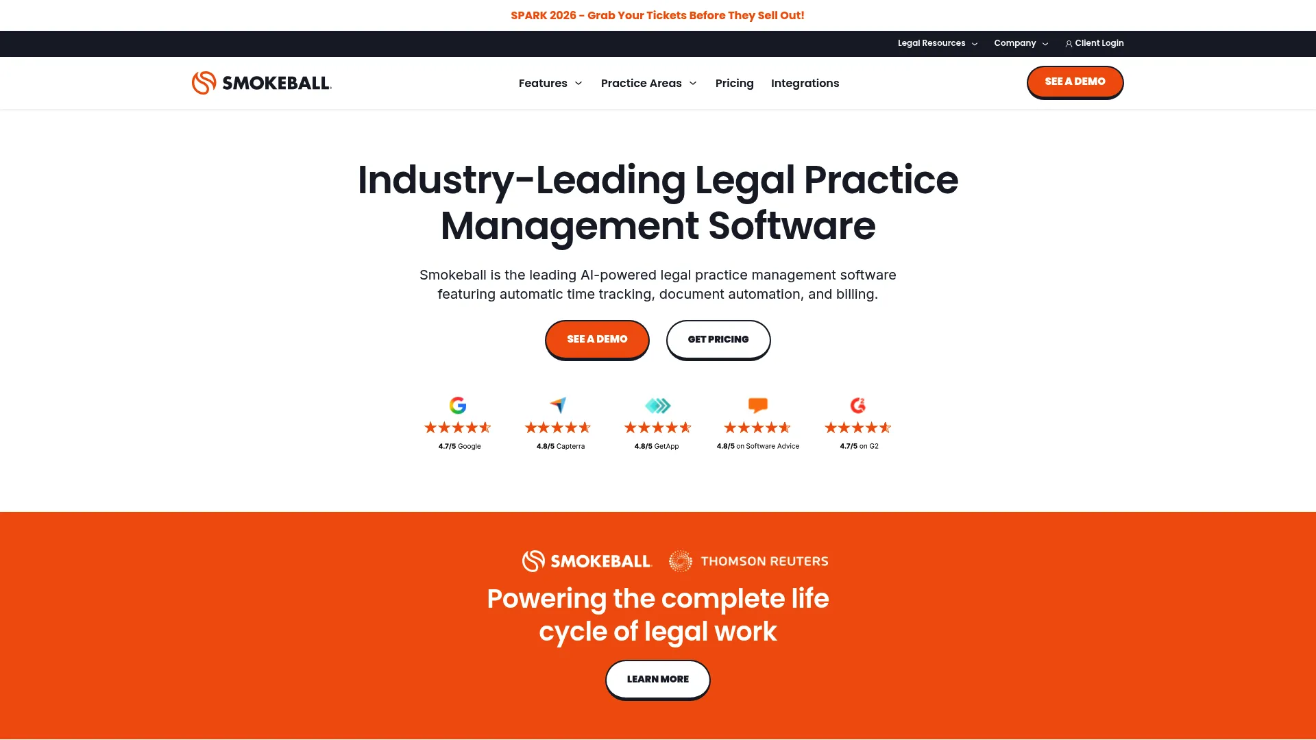 Smokeball legal practice management software homepage