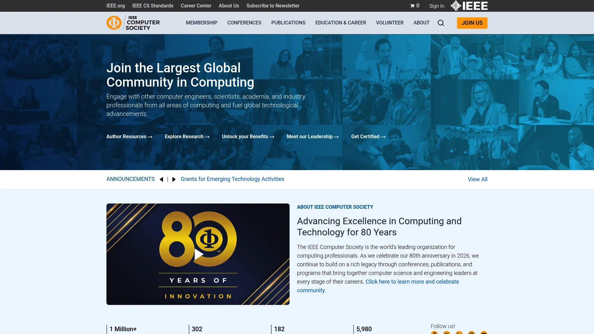 IEEE Computer Society homepage with calls for papers listings