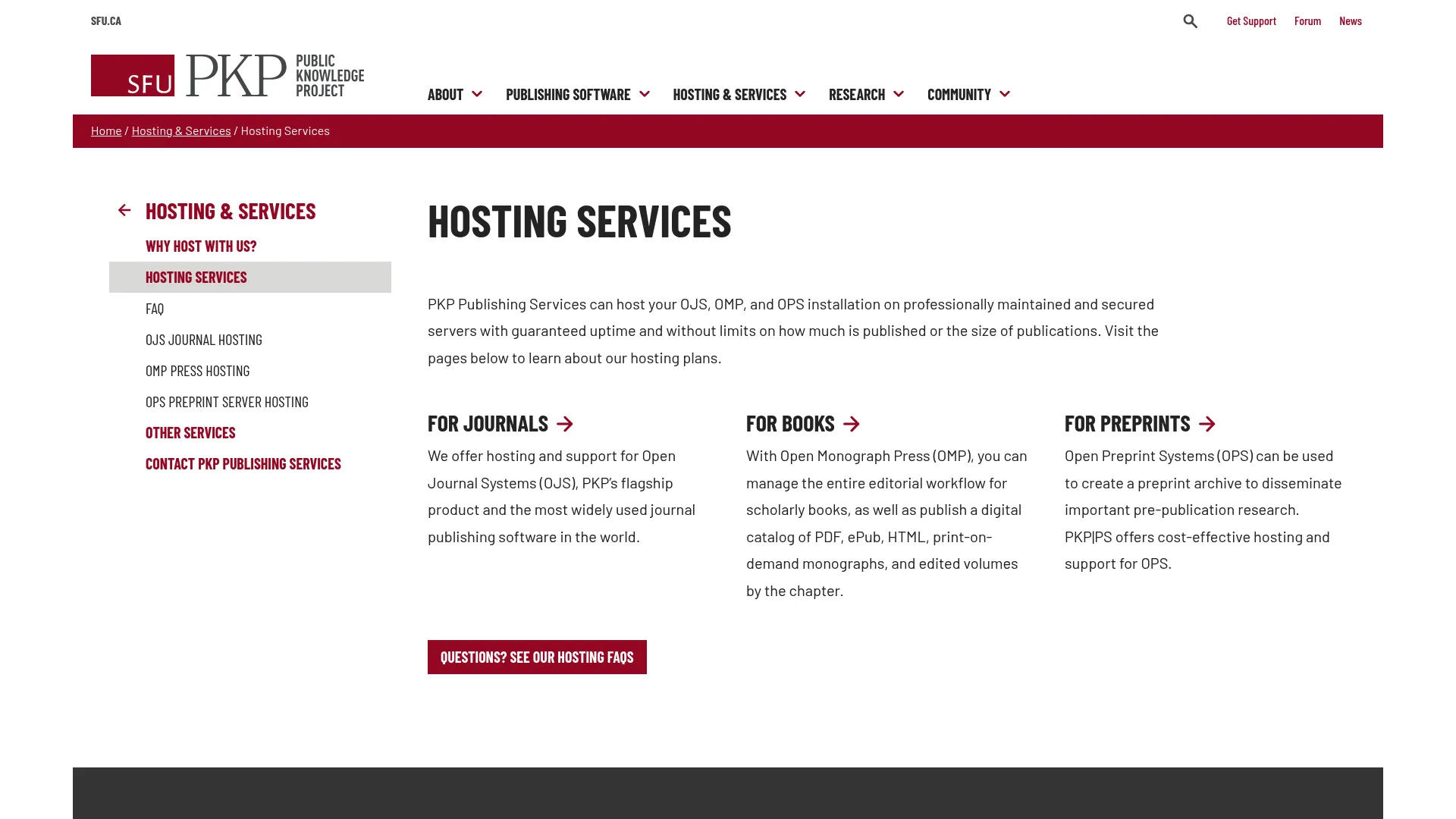 PKP Hosting and Services homepage