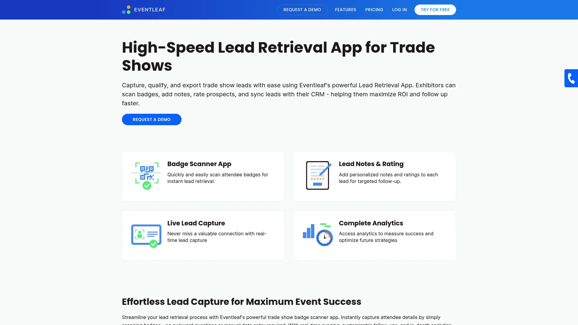 Eventleaf lead retrieval app interface showing badge scanning and lead capture