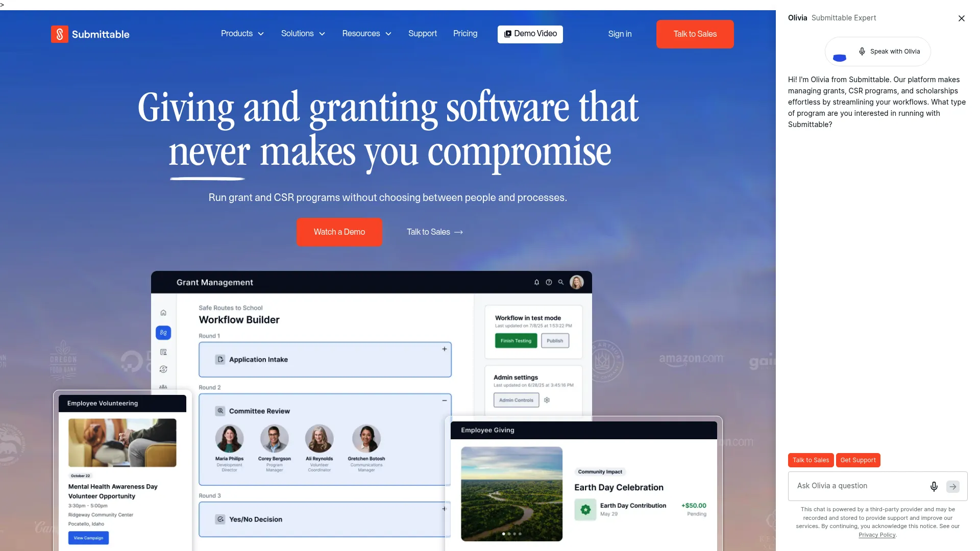 Submittable grant management and CSR software homepage