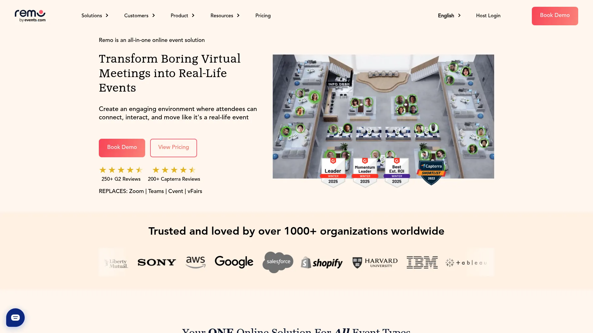 Remo virtual networking event platform homepage