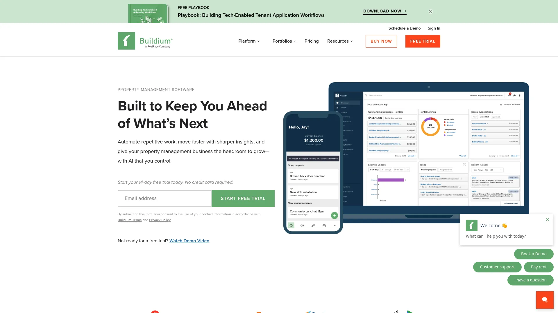 Buildium property management software homepage