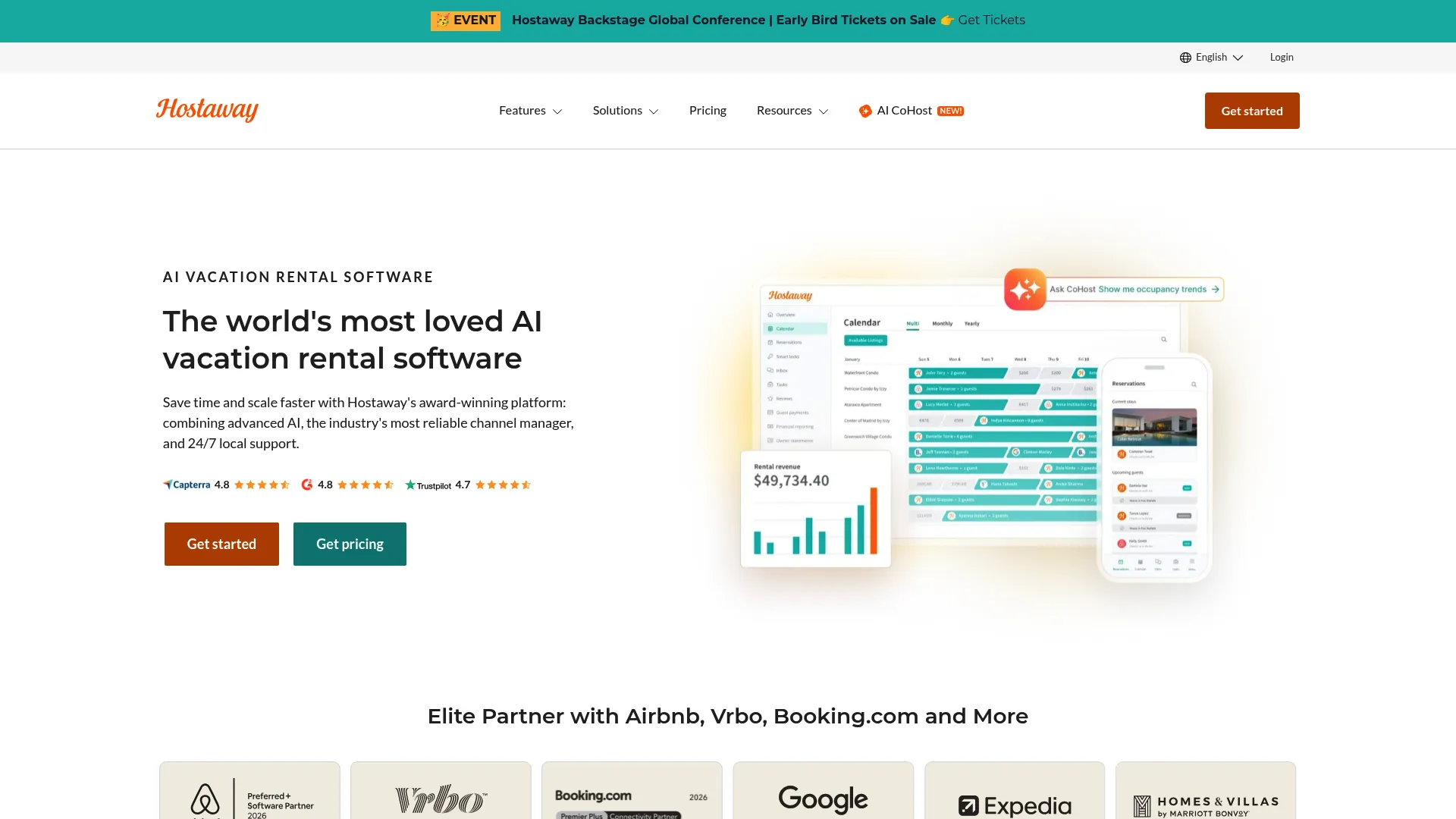 Hostaway AI-powered vacation rental management software homepage