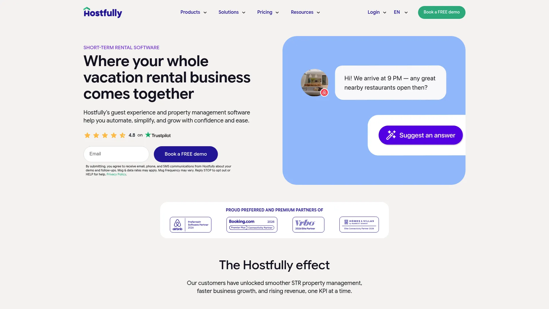 Hostfully vacation rental property management software homepage