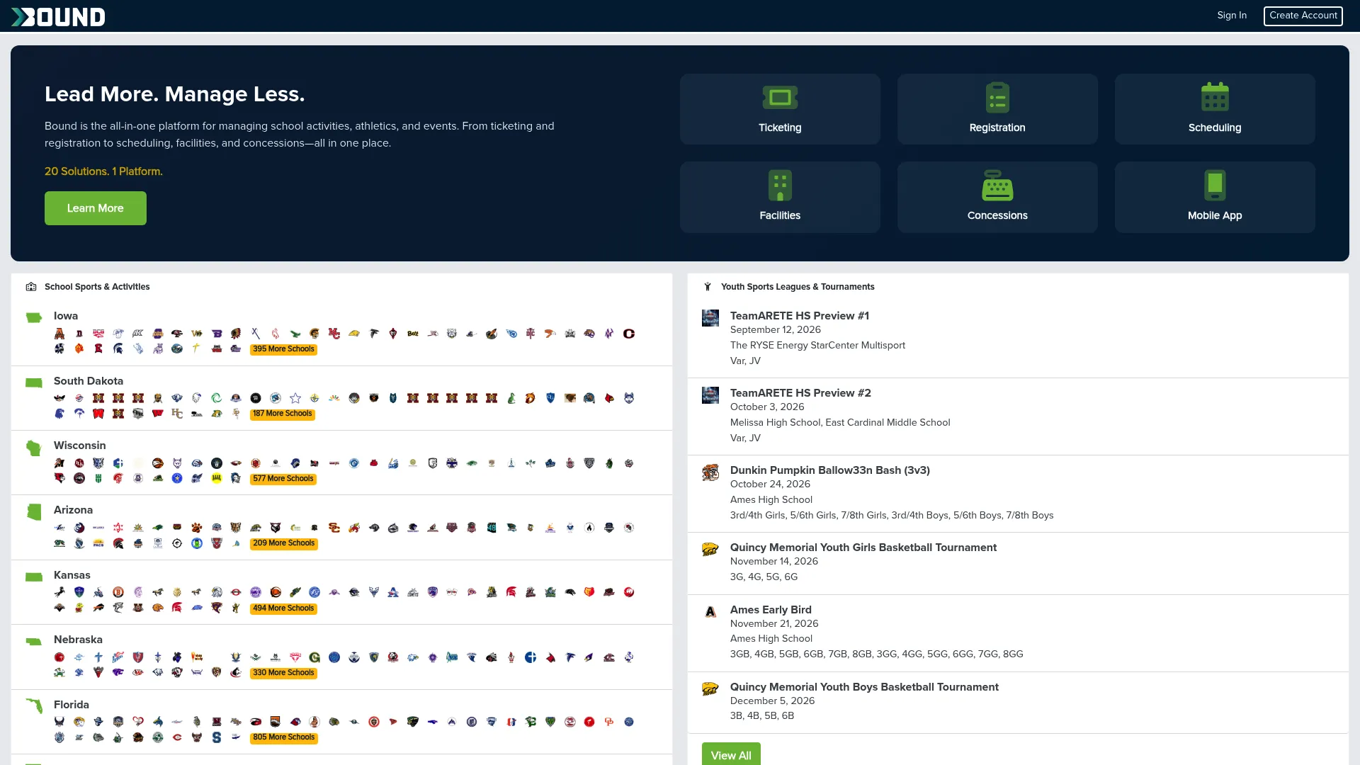 Bound high school sports and activities management software homepage