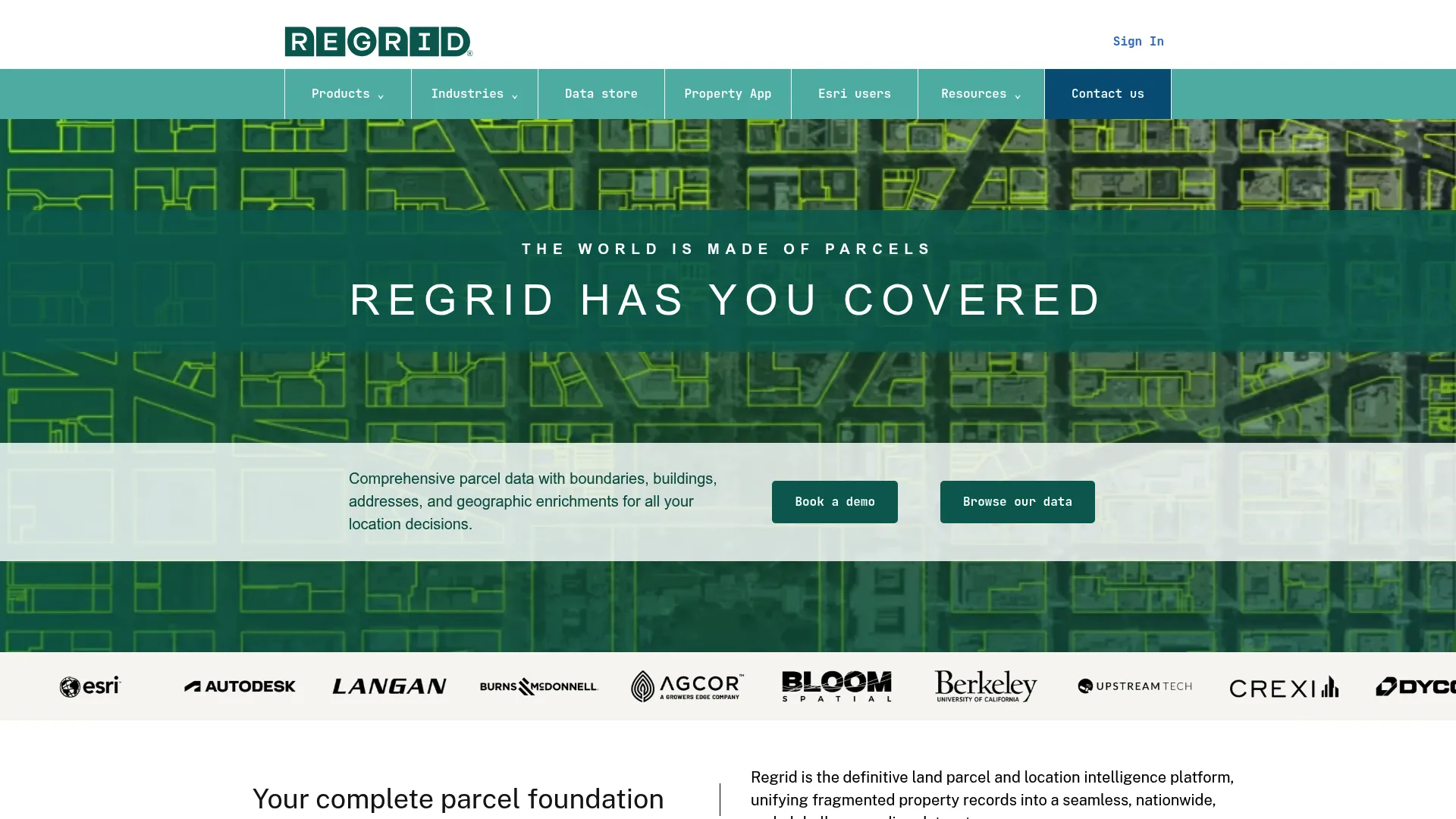 Regrid parcel data platform showing property boundaries and records on a web map