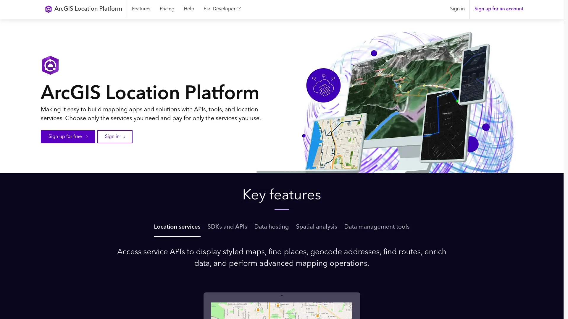 ArcGIS Location Platform developer console showing mapping APIs and location services
