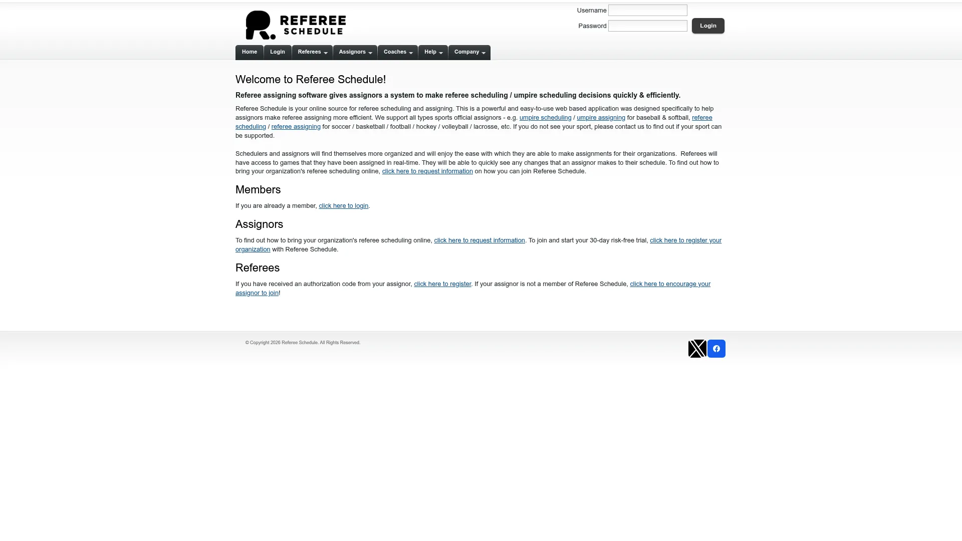 RefereeSchedule.com scheduling software homepage