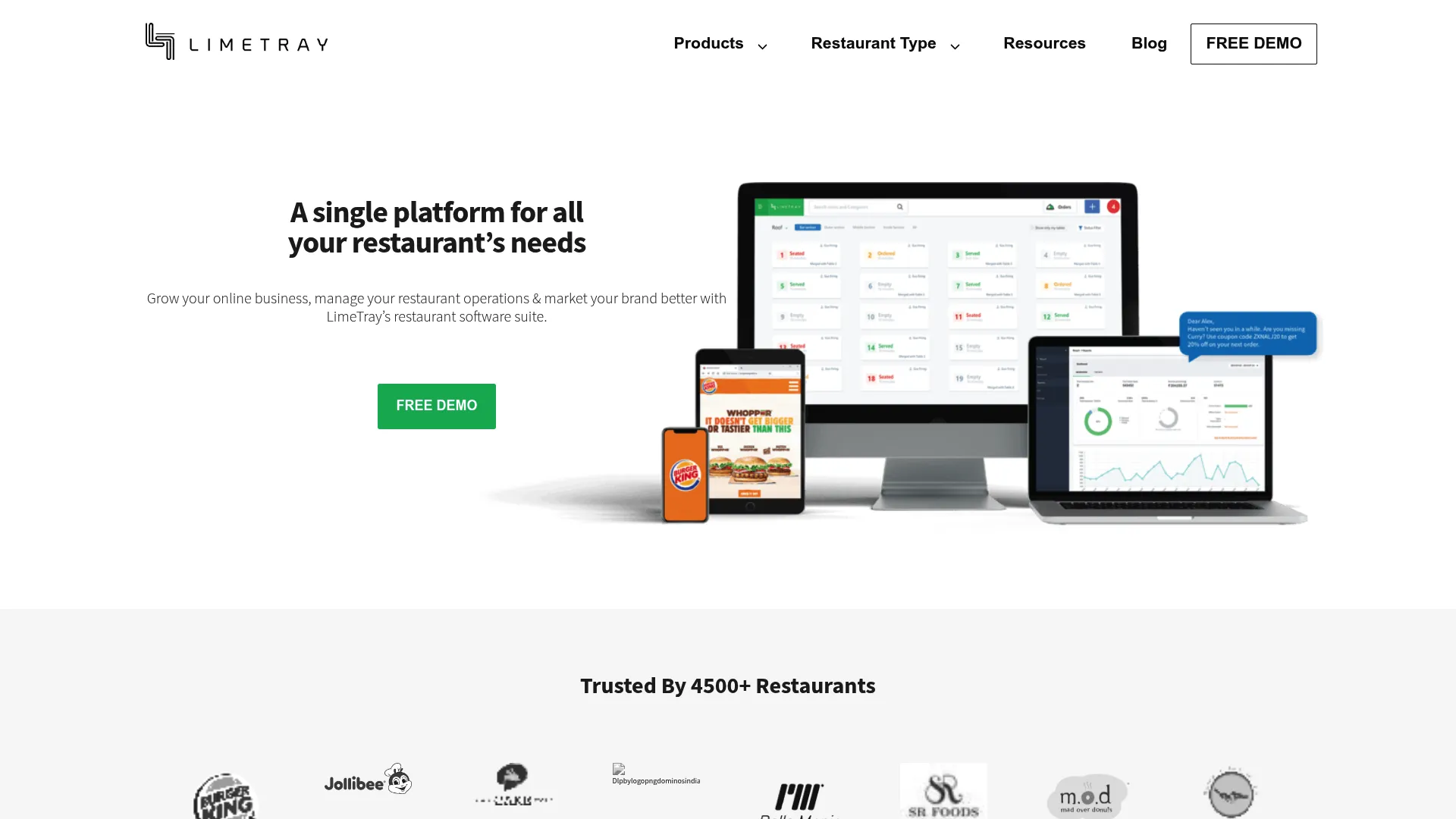 LimeTray cloud kitchen software homepage showing order automation