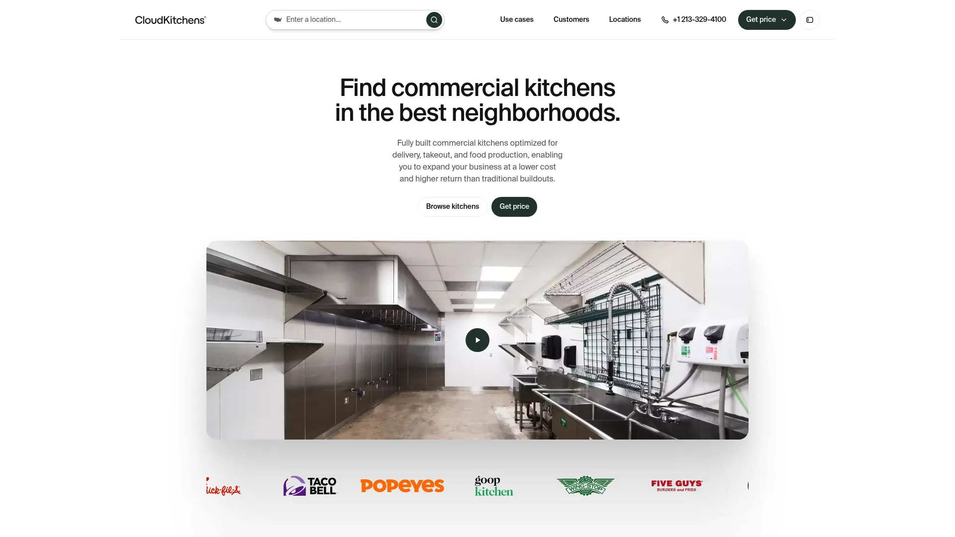 CloudKitchens homepage showing delivery-optimized commercial kitchen spaces