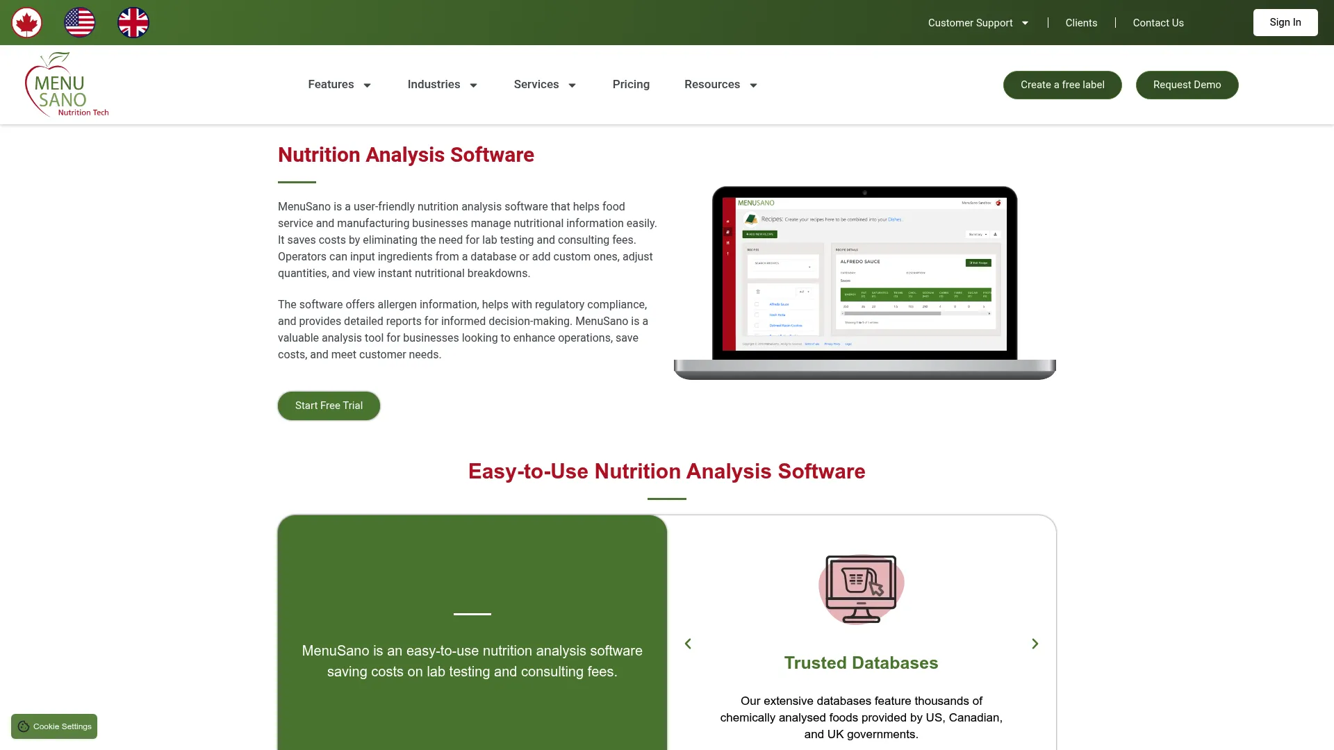 MenuSano nutrition analysis and labeling software