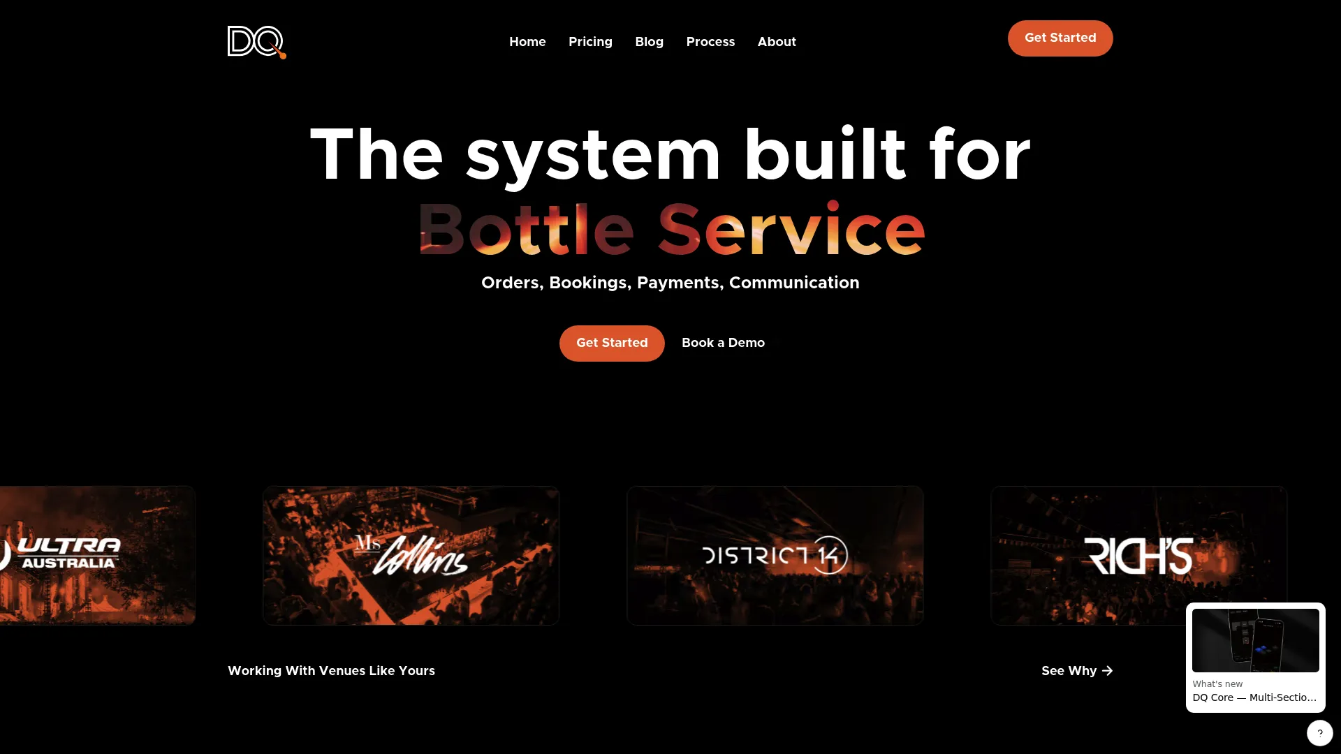 DQ Bottle Service Software platform homepage