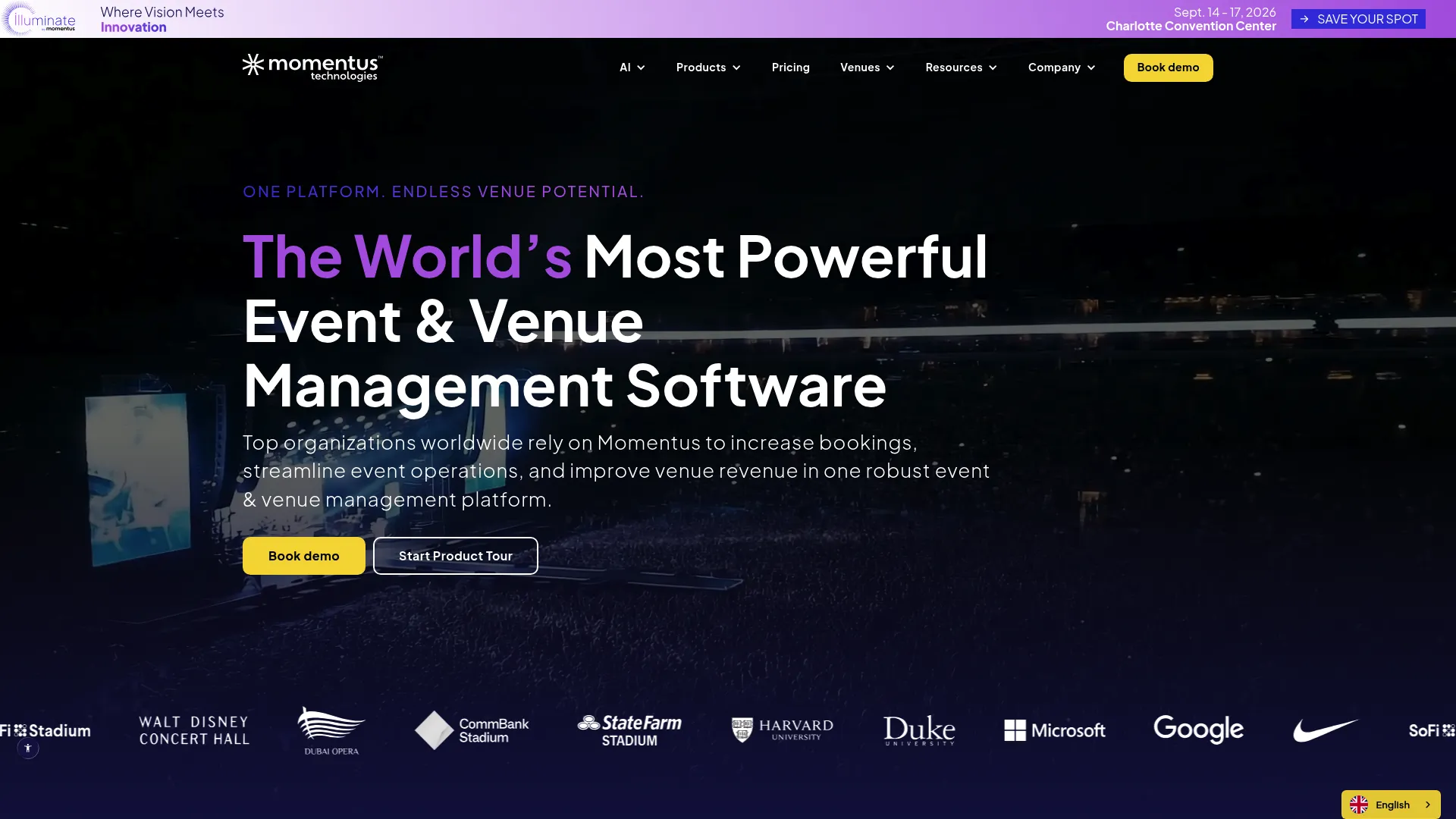 Momentus Technologies venue and event management platform homepage
