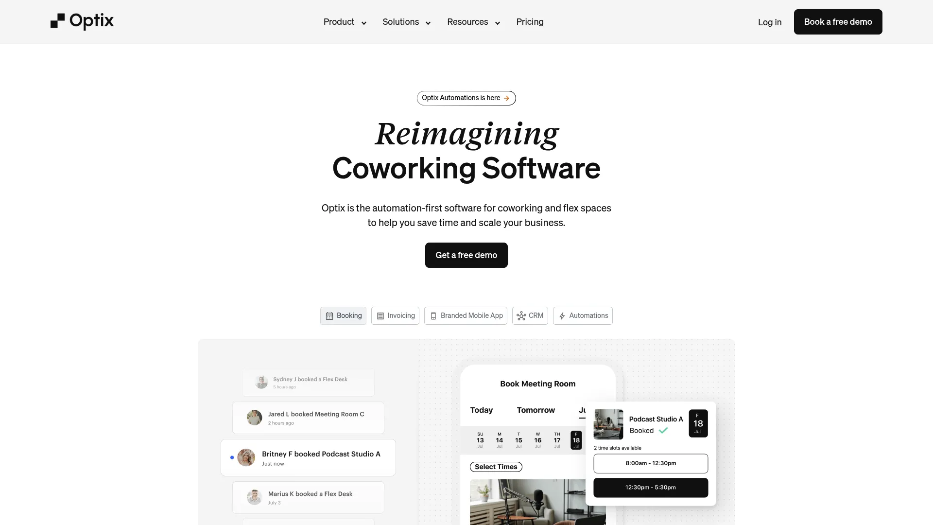 Optix coworking and flexible workspace software homepage