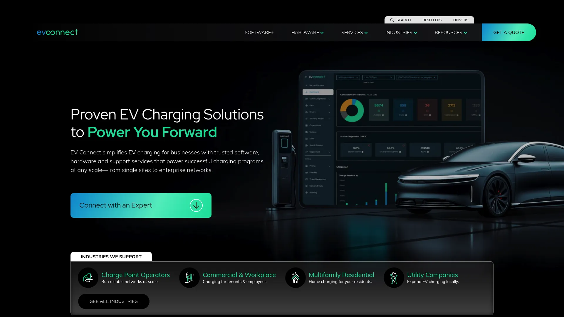 EV Connect EV charging software homepage