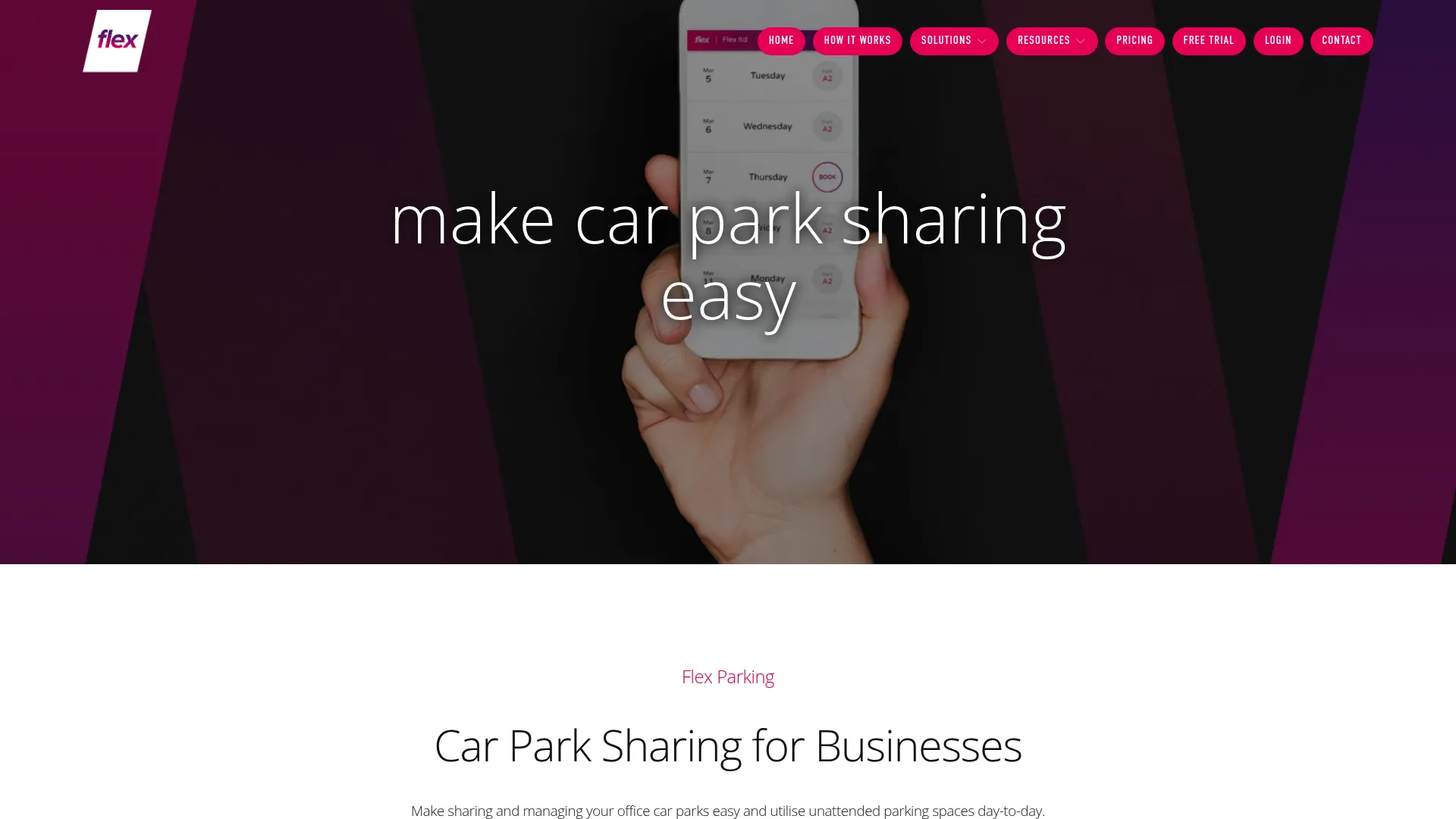 Flex Parking workplace car park sharing software homepage.
