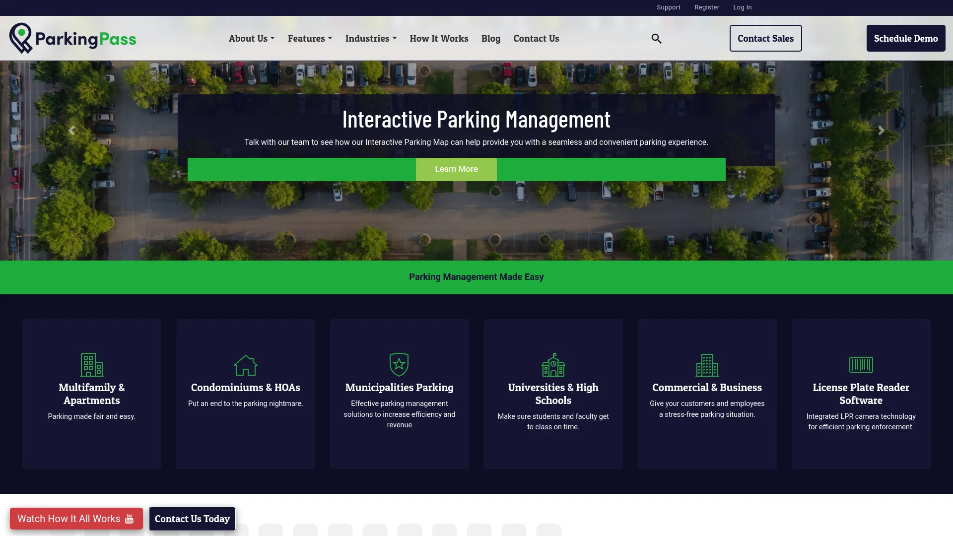 ParkingPass parking management software homepage showing digital permit and enforcement features.