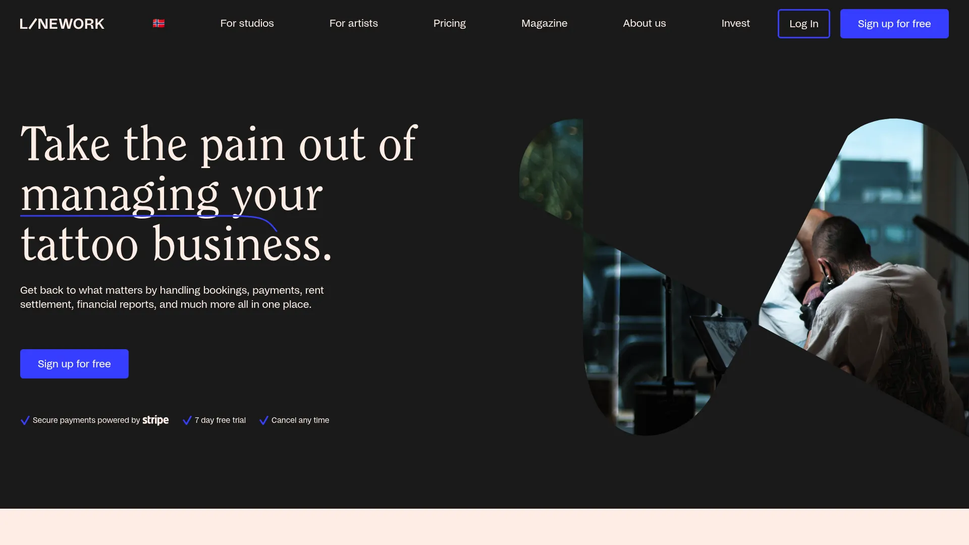 Linework tattoo business software homepage