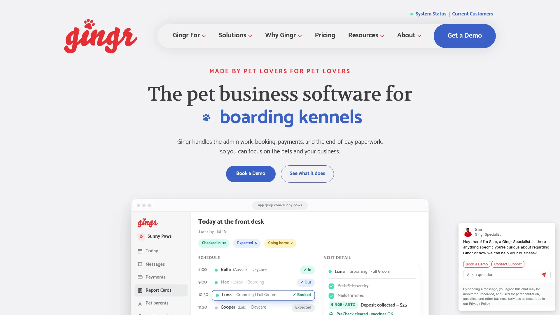 Gingr pet-care business software homepage