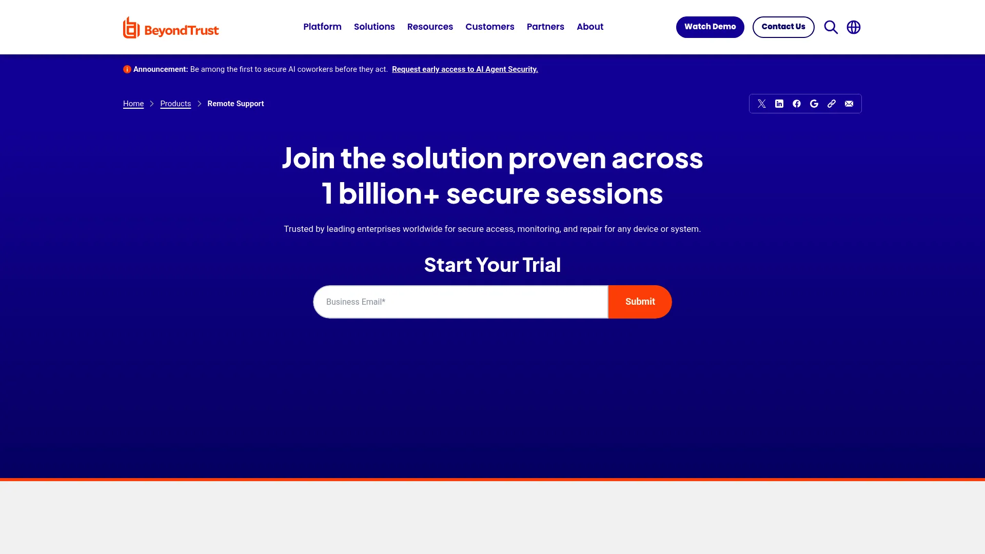 BeyondTrust Remote Support enterprise software homepage