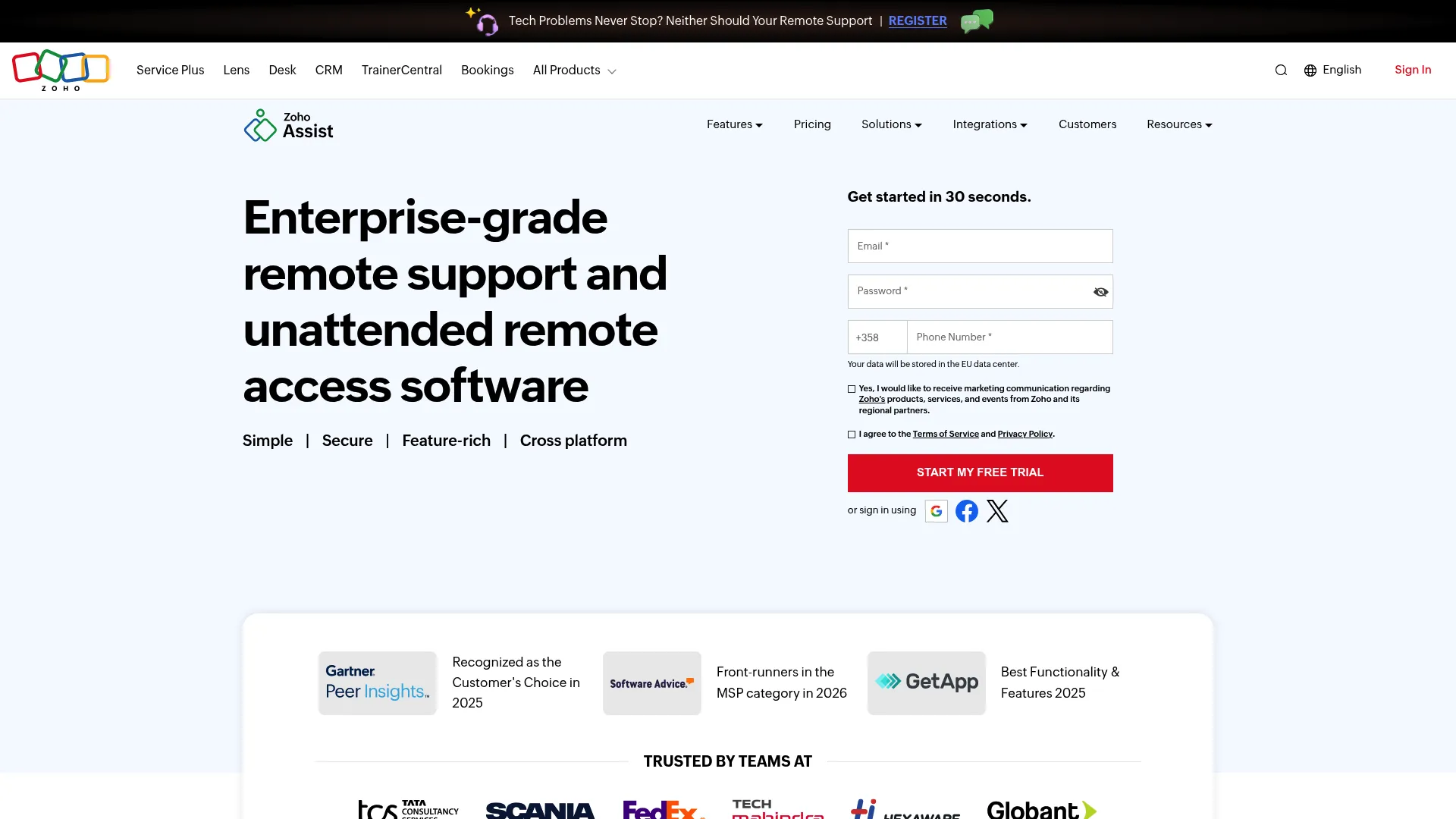 Zoho Assist remote support software homepage
