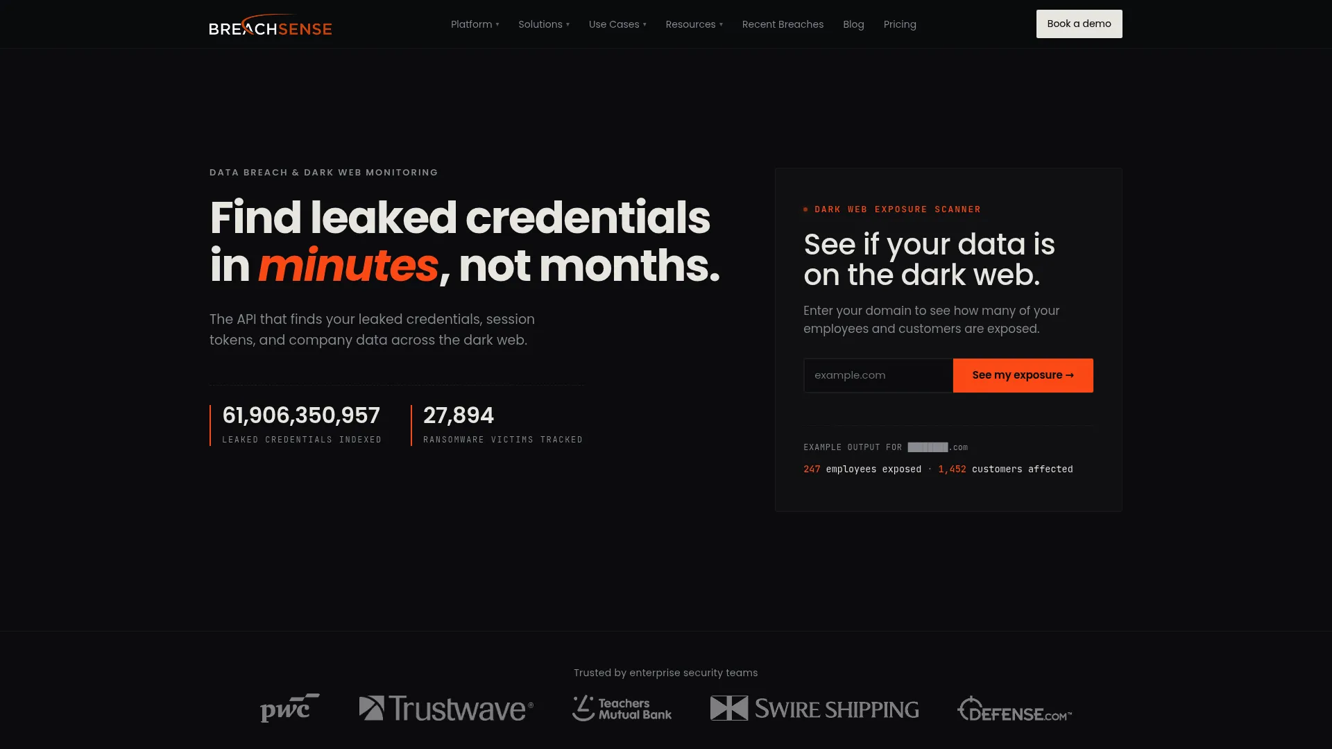 Breachsense dark web and breach monitoring platform homepage