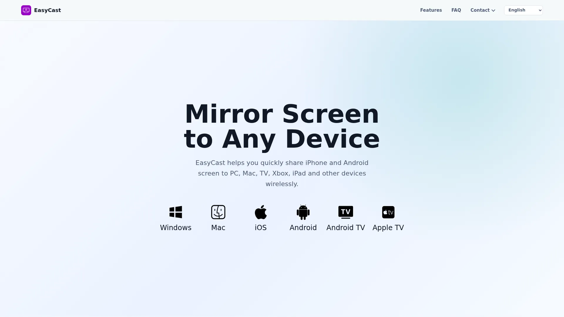 EasyCast wireless screen mirroring homepage